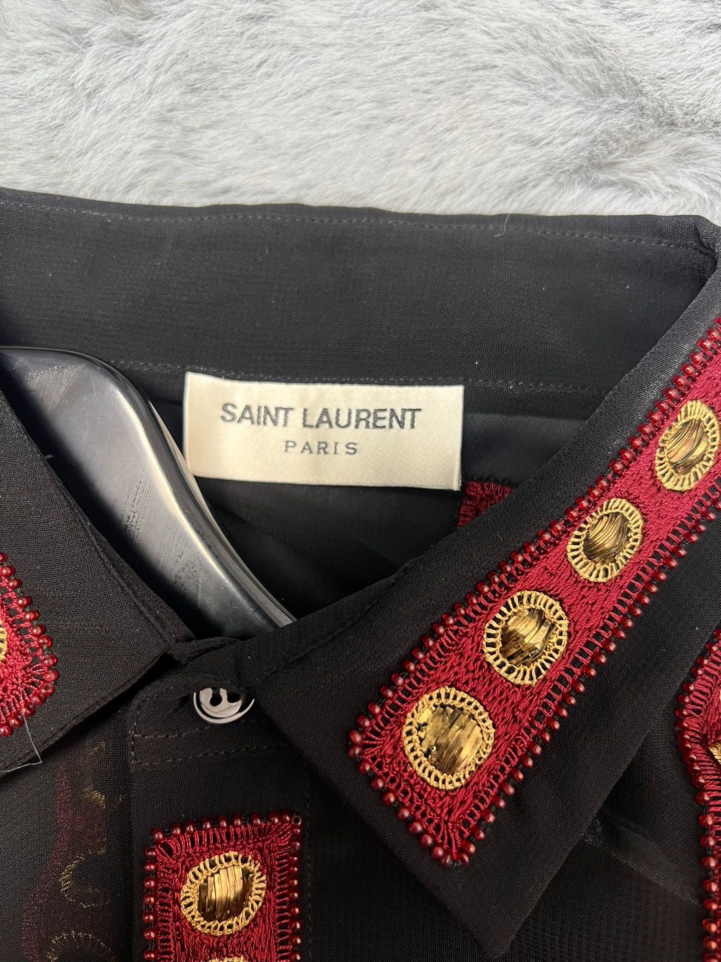 Saint Laurent Paris red bead embroidery, black jukebox, semi-sheer shirt Size US M / EU 48-50 / 2 - 3 Thumbnail