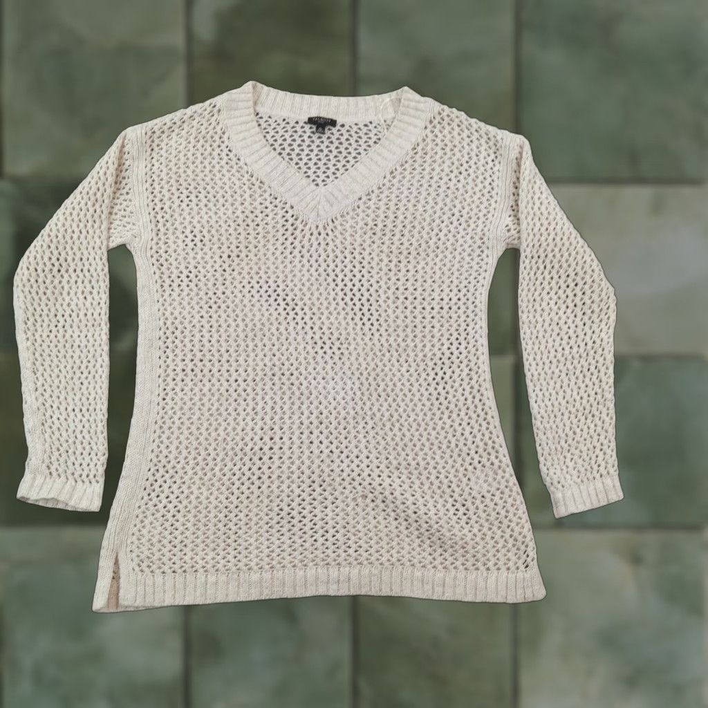 Talbots Talbots Beige V-Neck Sweater Womens Medium Petite Long Sleeve Cotton Open Knit Casual Pullover Size M / US 6-8 / IT 42-44 - 1 Thumbnail