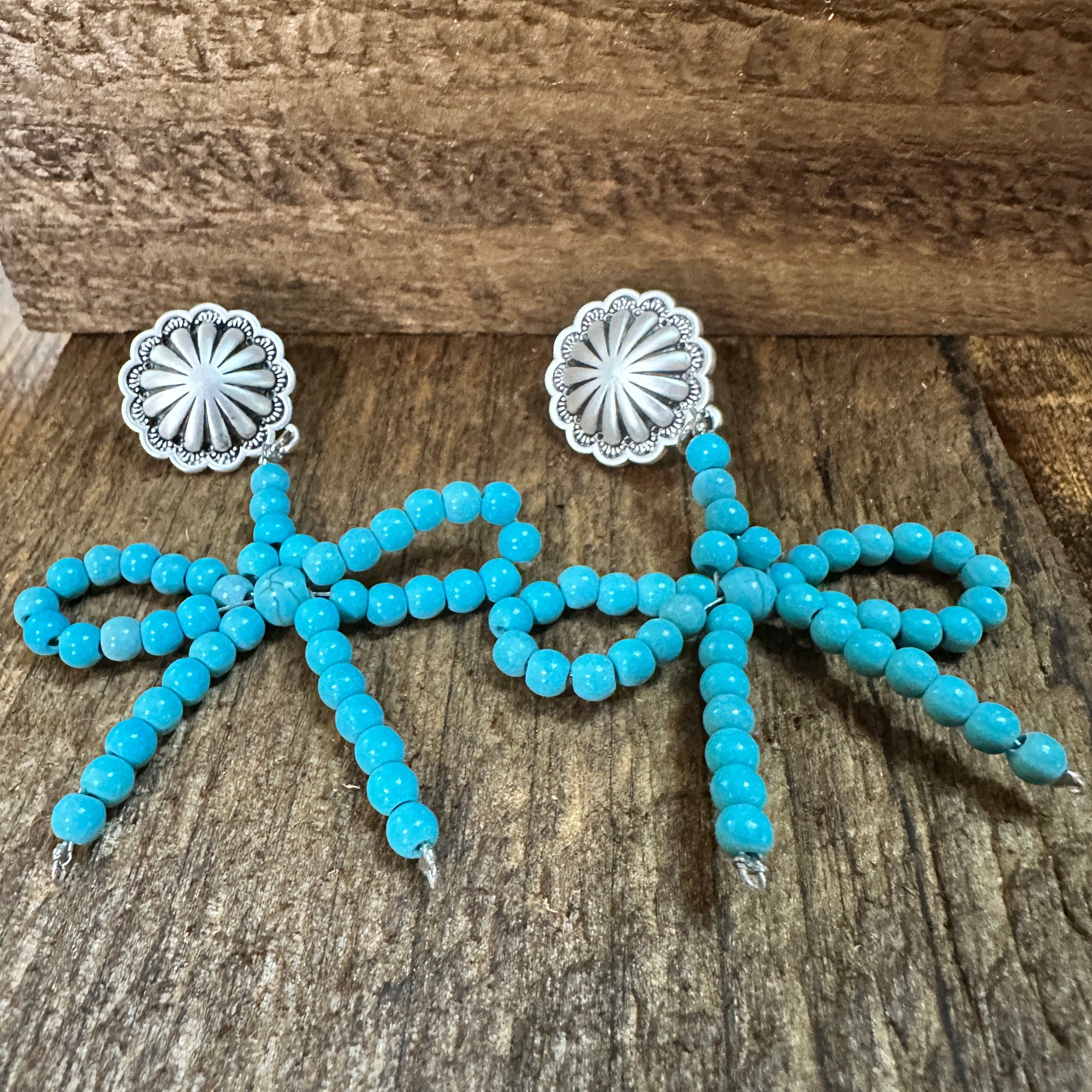 Other Handmade Ribbon Bow Post Earrings with Turquoise Beads, West Size ONE SIZE - 9 Thumbnail