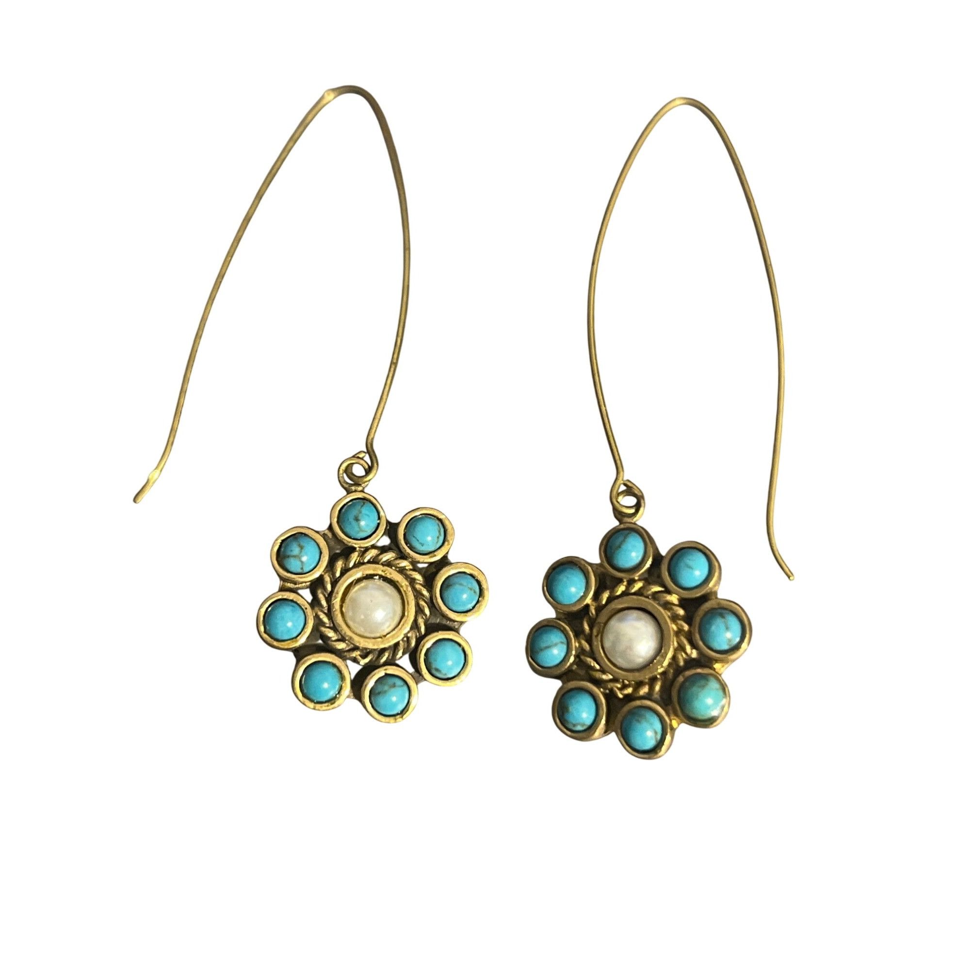Other Vintage Gold Tone Drop Earrings Faux Turquoise Pearl Flower Size ONE SIZE - 3 Thumbnail