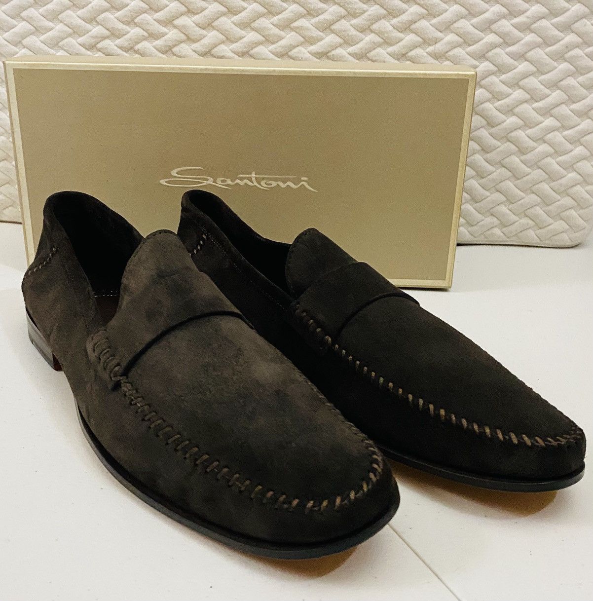 Santoni Santoni Chocolate Suede Tonal Stitched Apron Loafer 12 NEW Size US 12 / EU 45 - 1 Thumbnail