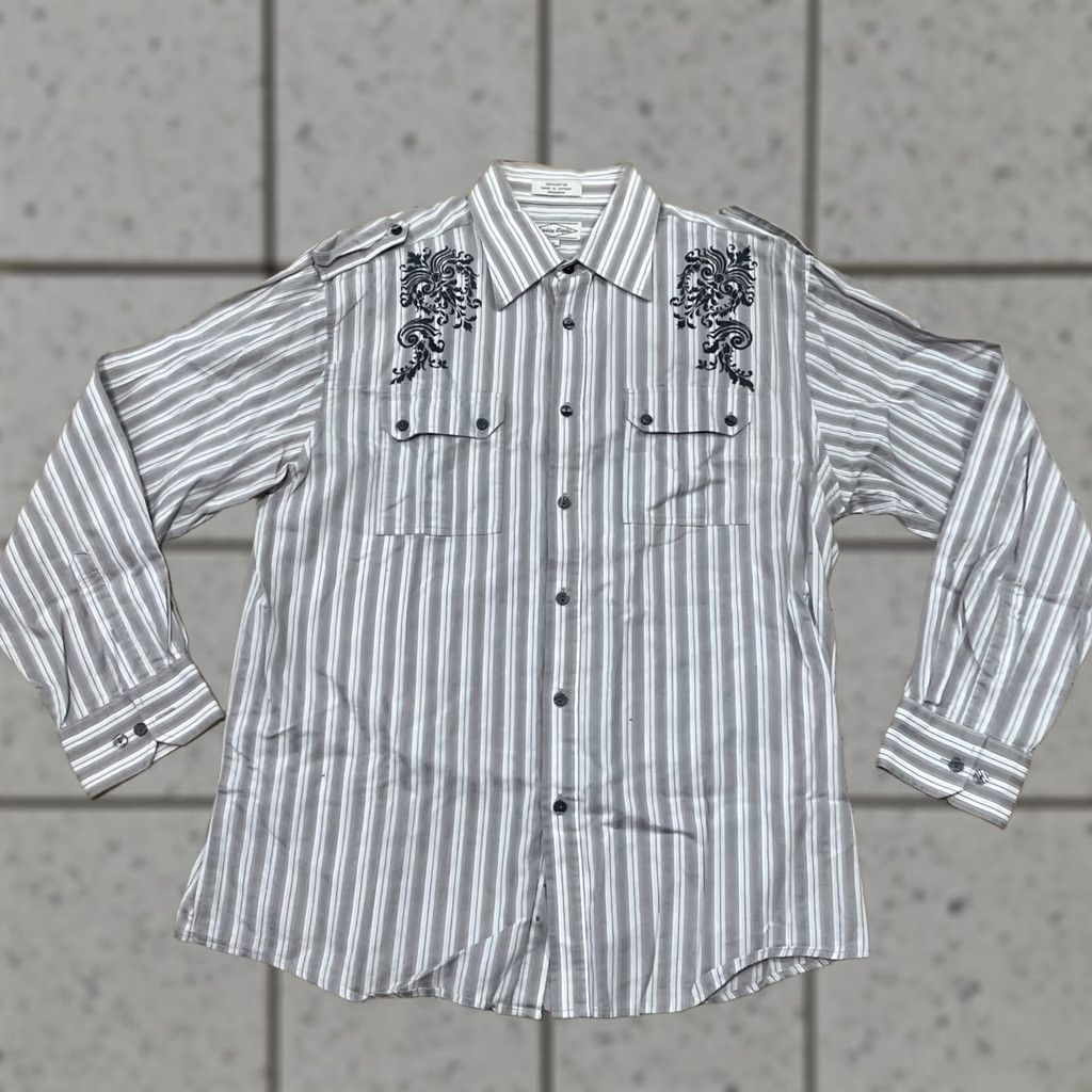 Vintage Eighty Eight Button Shirt Men L Striped Crest Sequin Y2k Gray 44" Biker Bloke Casual Shirt Size US L / EU 52-54 / 3 - 1 Thumbnail