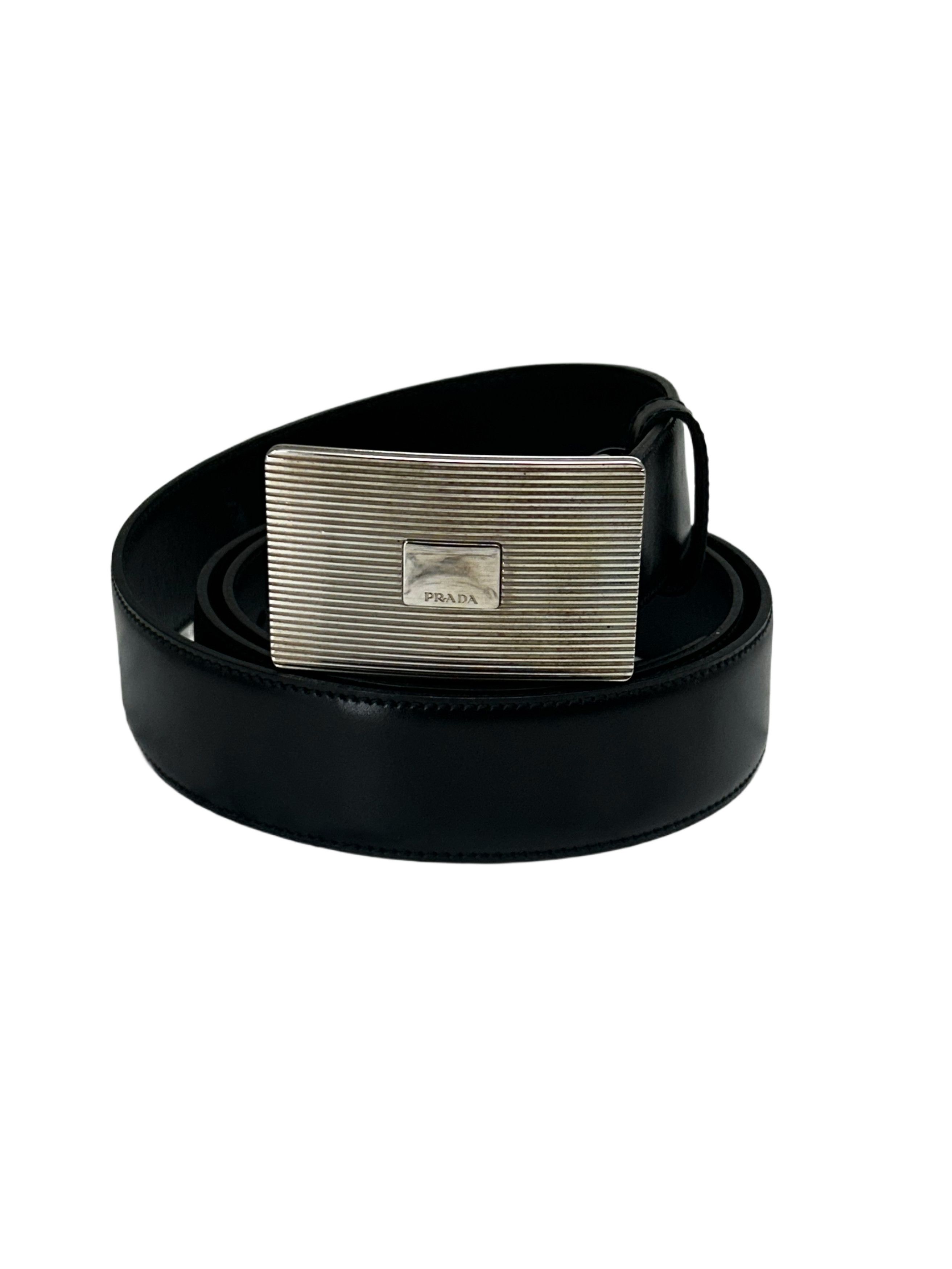 Prada Prada Black Polished Leather BeltWithLaserEtchedShieldBuckle Size 38 - 2 Thumbnail