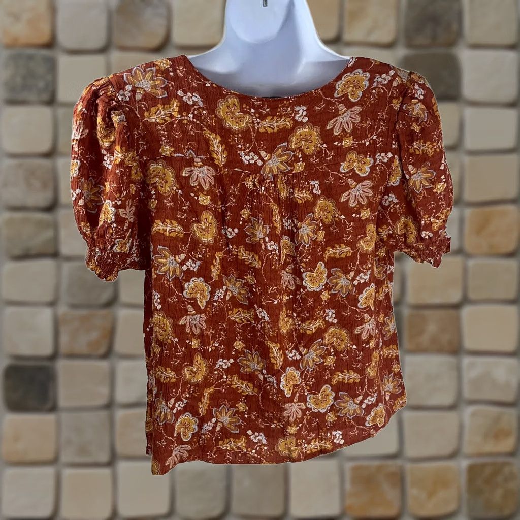 Rachel Zoe VINTAGE Rachel Zoe Women Blouse Top Shirt Floral Print Burnt Orange Medium Fold-Over Scoop Neck Lightweight Knit Pullover Casual Size M / US 6-8 / IT 42-44 - 1 Thumbnail