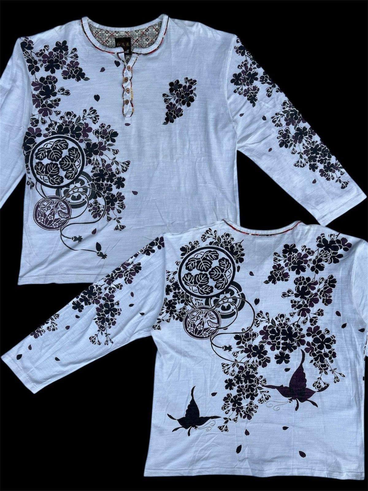 If Six Was Nine × Le Grande Bleu (L.G.B.) × Yohji Yamamoto Vintage Floral Henley Long Sleeve – White Size US XXL / EU 58 / 5 - 1 Thumbnail