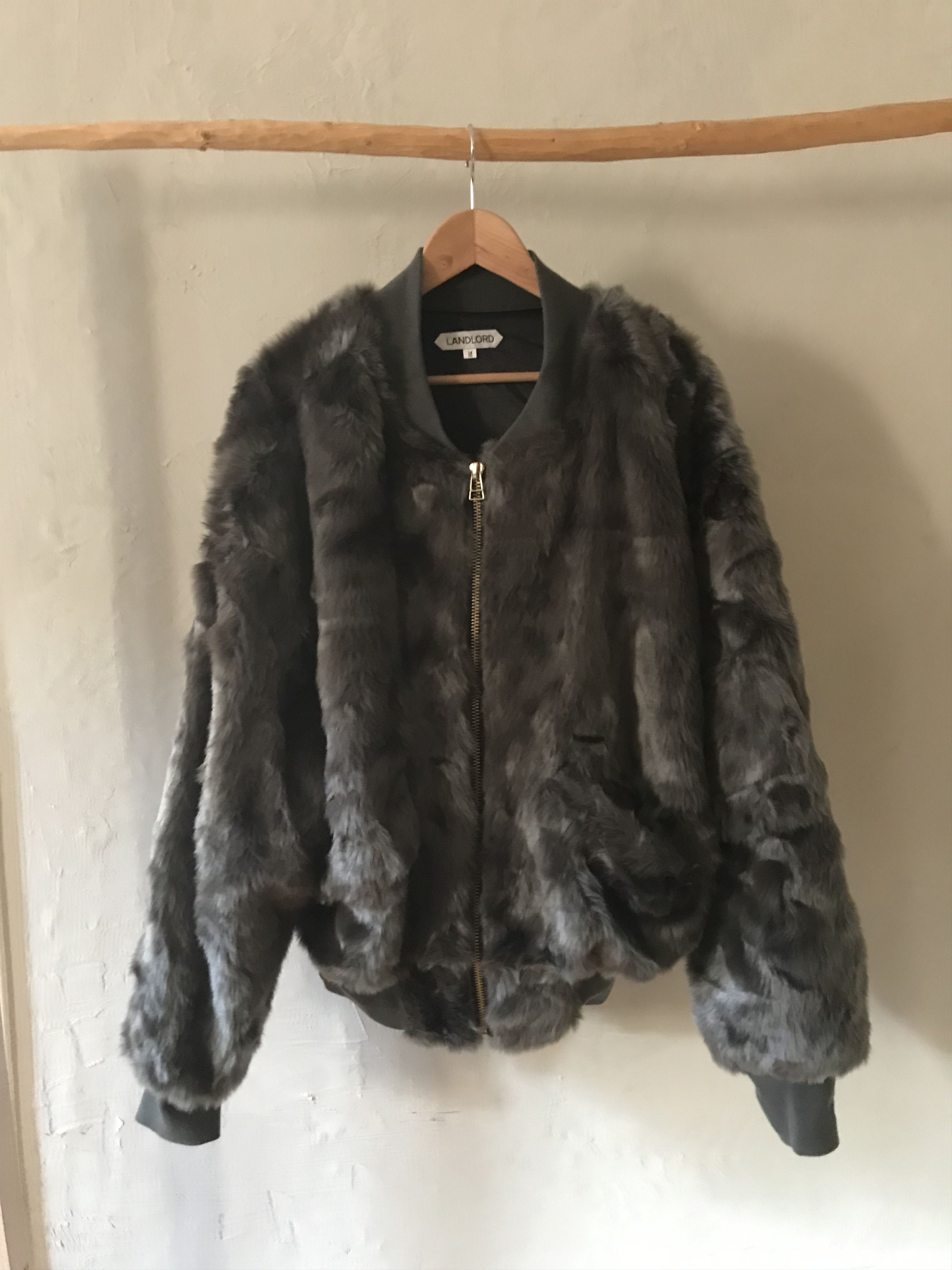 image of Landlord New York Fake Fur Bomber Jacket, Dark Green, Men's (Size Medium)
