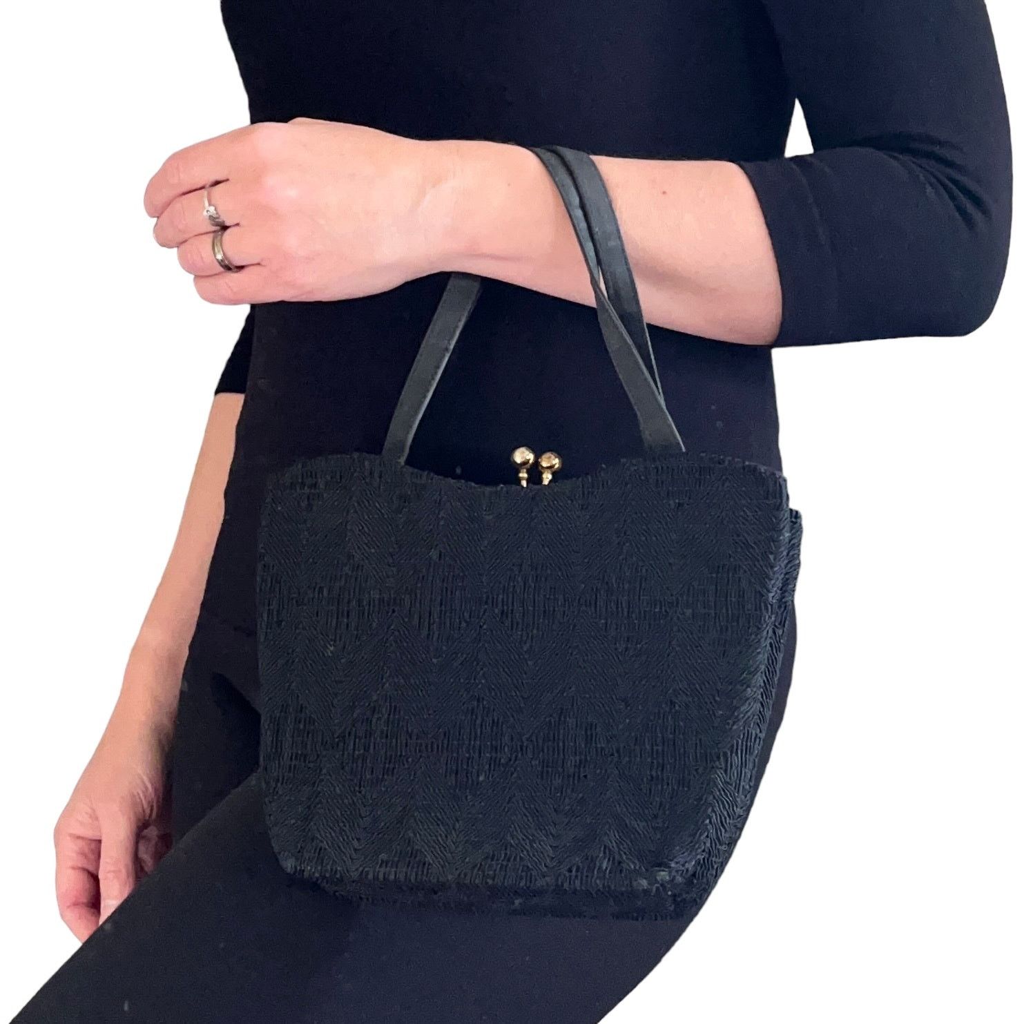 Vintage 1940s Corde Chevron Black Satchel Hinged Frame Purse Handbag Size ONE SIZE - 8 Thumbnail