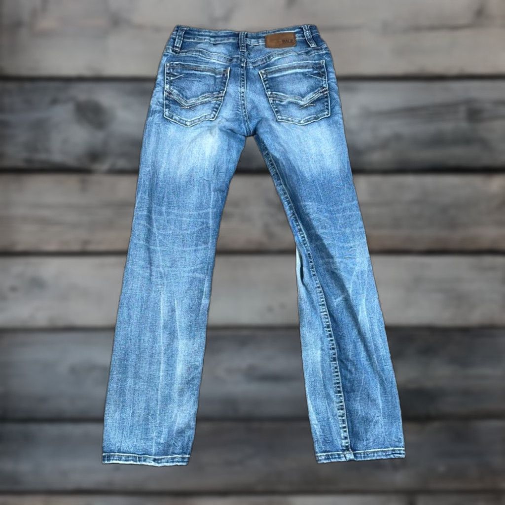 Vintage VINTAGE BKE Jeans Mens 29 x 30 Blue Denim Straight Leg Low Rise Faded Whiskered Cotton Blend Grunge Retro Size US 29 - 1 Thumbnail