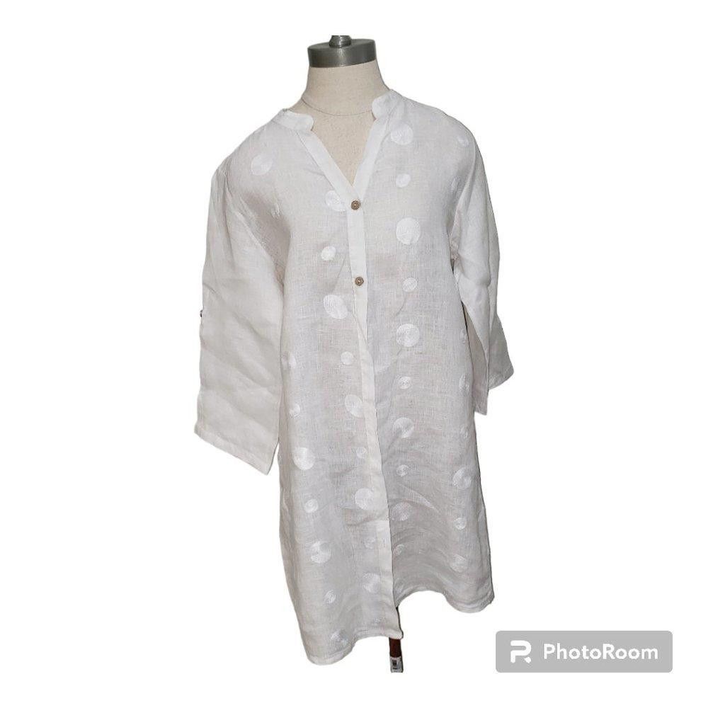 Designer CT732 Rose Marine White Linen Button Down Ladies Tunic M Size M / US 6-8 / IT 42-44 - 1 Thumbnail