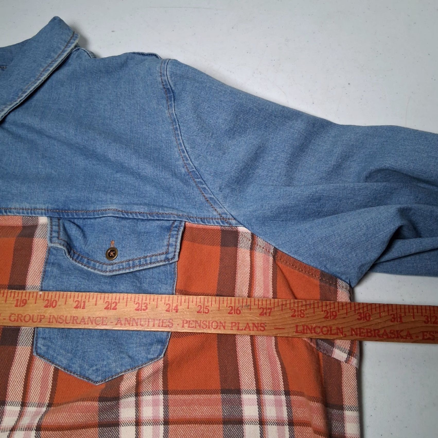 Denime Canyon Retreat Button-Up Plaid Chambray Denim Shirt 3X Blue Casual Plus Size Womens Distressed Look Long Sleeve Collared Button Front Adapted Size XXL / US 16-18 / IT 52-54 - 6 Thumbnail
