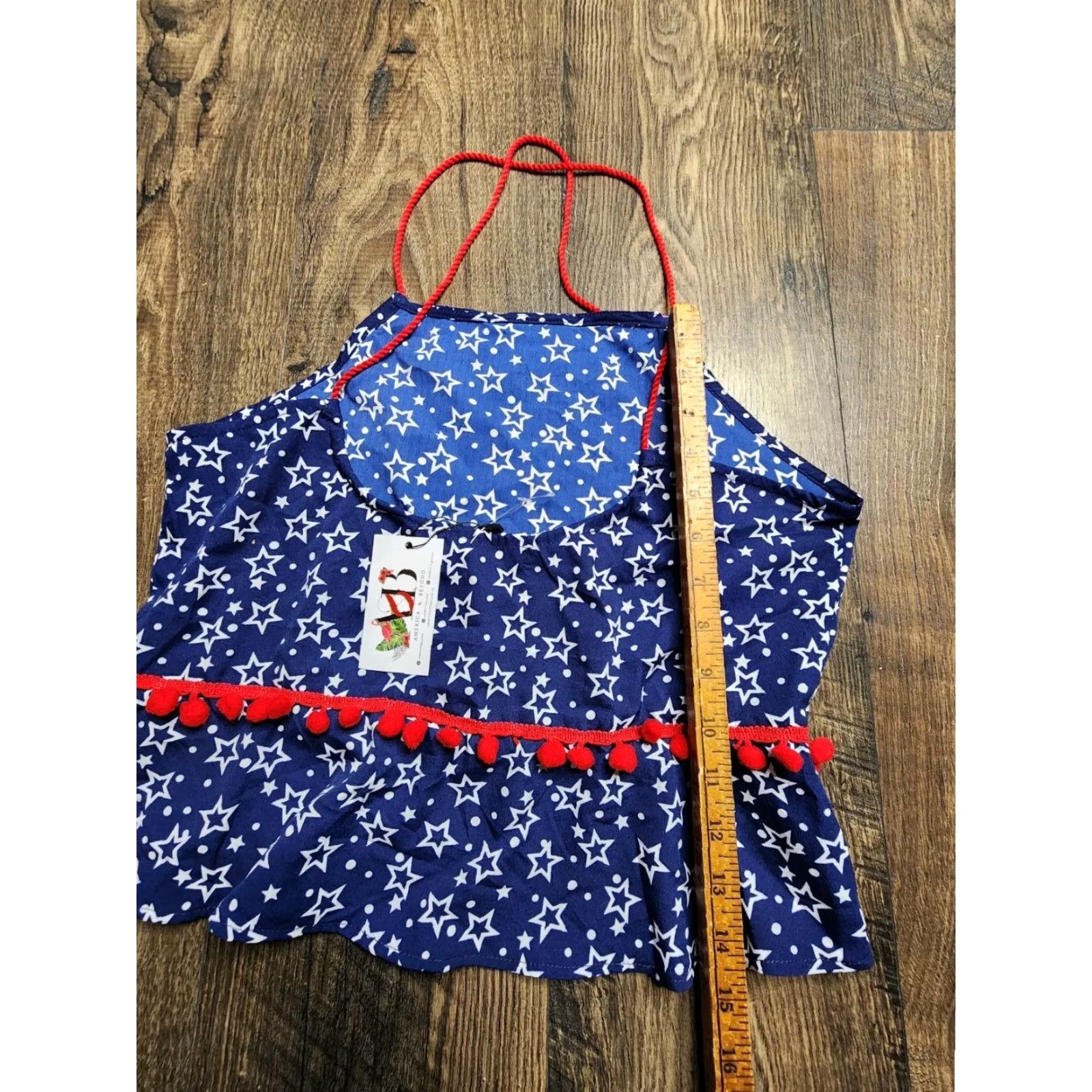 Vintage America & Beyond Juniors Tank Shirt Patriotic Stars Red White Blue M Sleeveless Halter Open Fringe Pupoms? Size M / US 6-8 / IT 42-44 - 3 Thumbnail