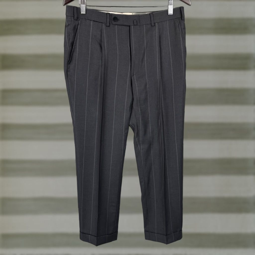 ISAIA Napoli Dress Pants Flat Front Men 32x28 Wool Black Chalk Stripe Italy