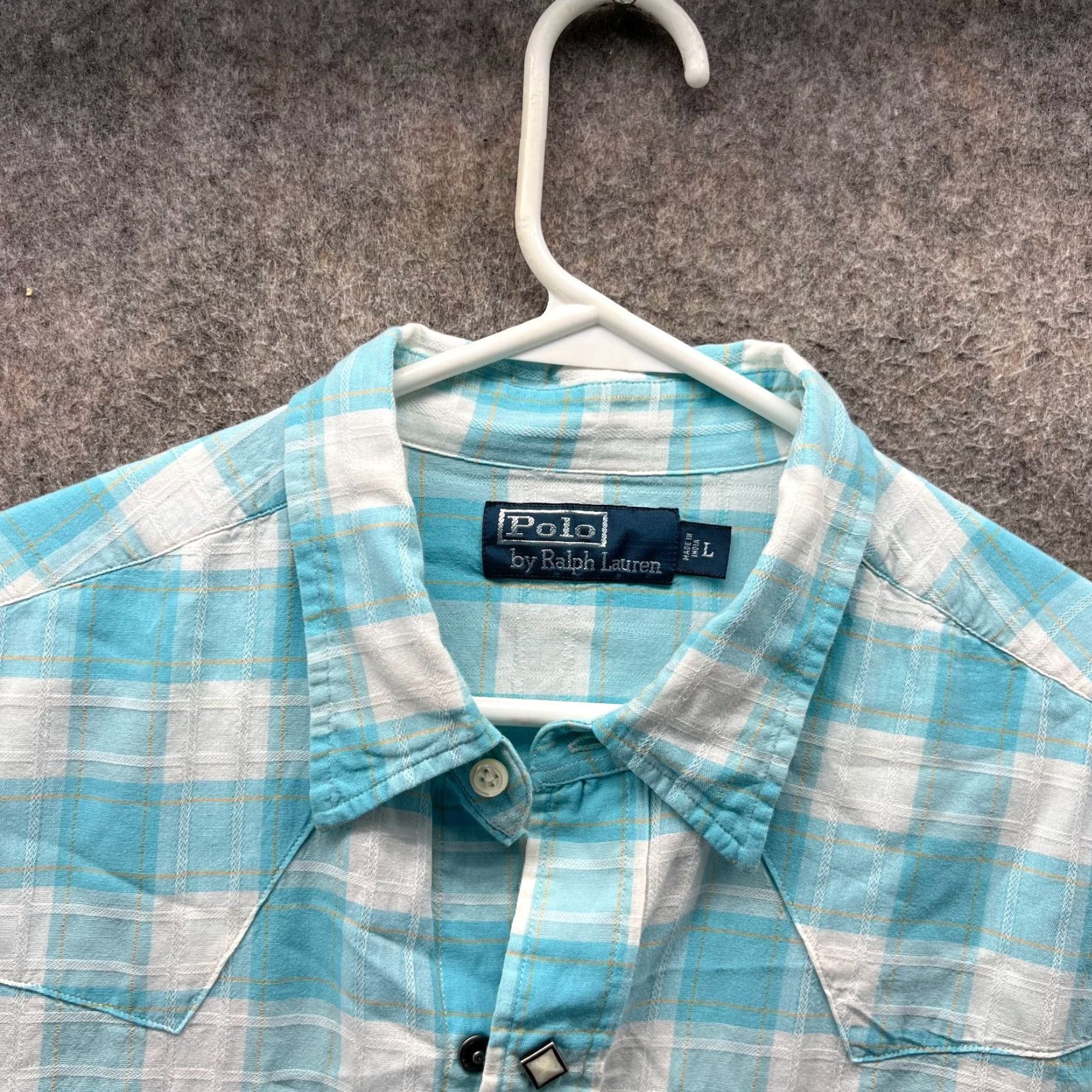 Polo Ralph Lauren VINTAGE Polo Ralph Lauren Shirt Mens Large Blue Pearl Snap Check Western Cowboy Linen Size US L / EU 52-54 / 3 - 7 Thumbnail