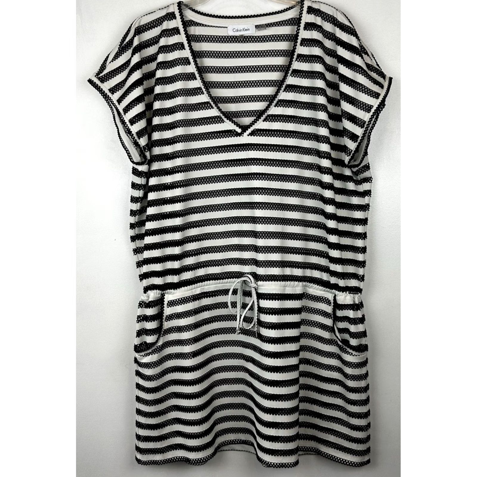 Calvin Klein Calvin Klein Womens Large Striped Cover Up - Drawstring Pockets - Black Polyester Spandex Size ONE SIZE - 2 Thumbnail
