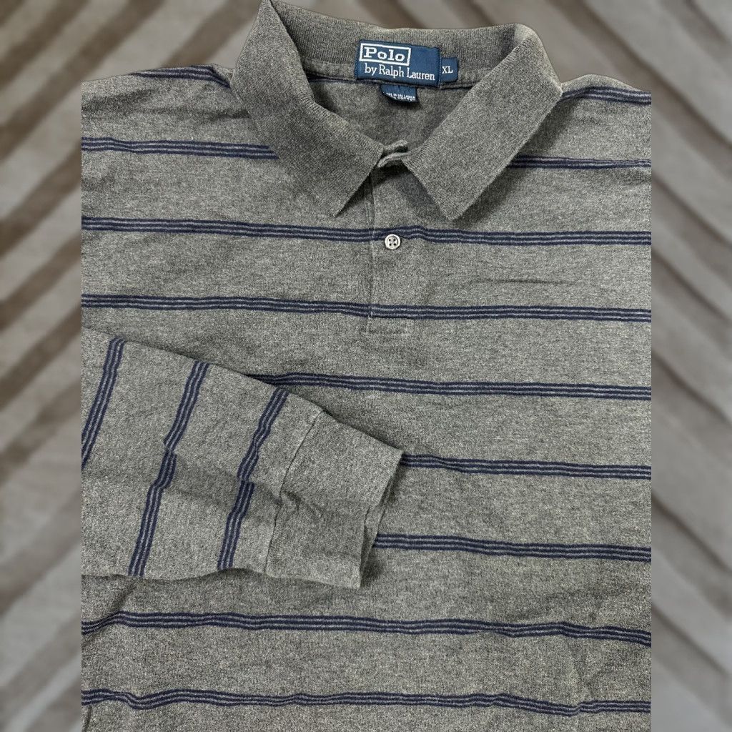 Polo Ralph Lauren VINTAGE Polo Ralph Lauren Polo Shirt Men XL Gray Navy Striped 90s Preppy Midweight Jersey Mens XL Gray Polo Size US XL / EU 56 / 4 - 1 Thumbnail