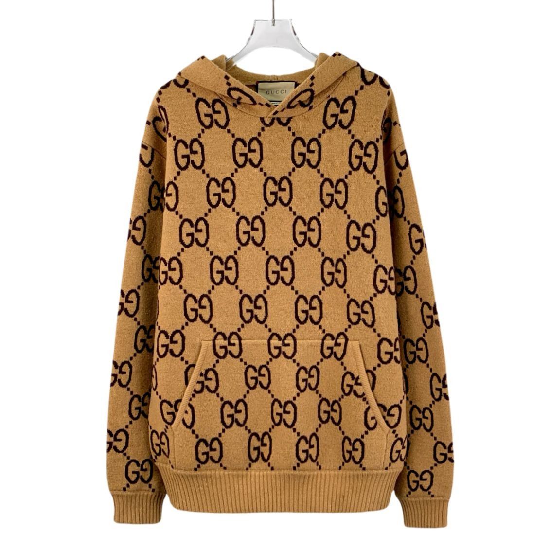 GUCCI GG Logo Jacquard Wool Hooded Sweater In Camel Black