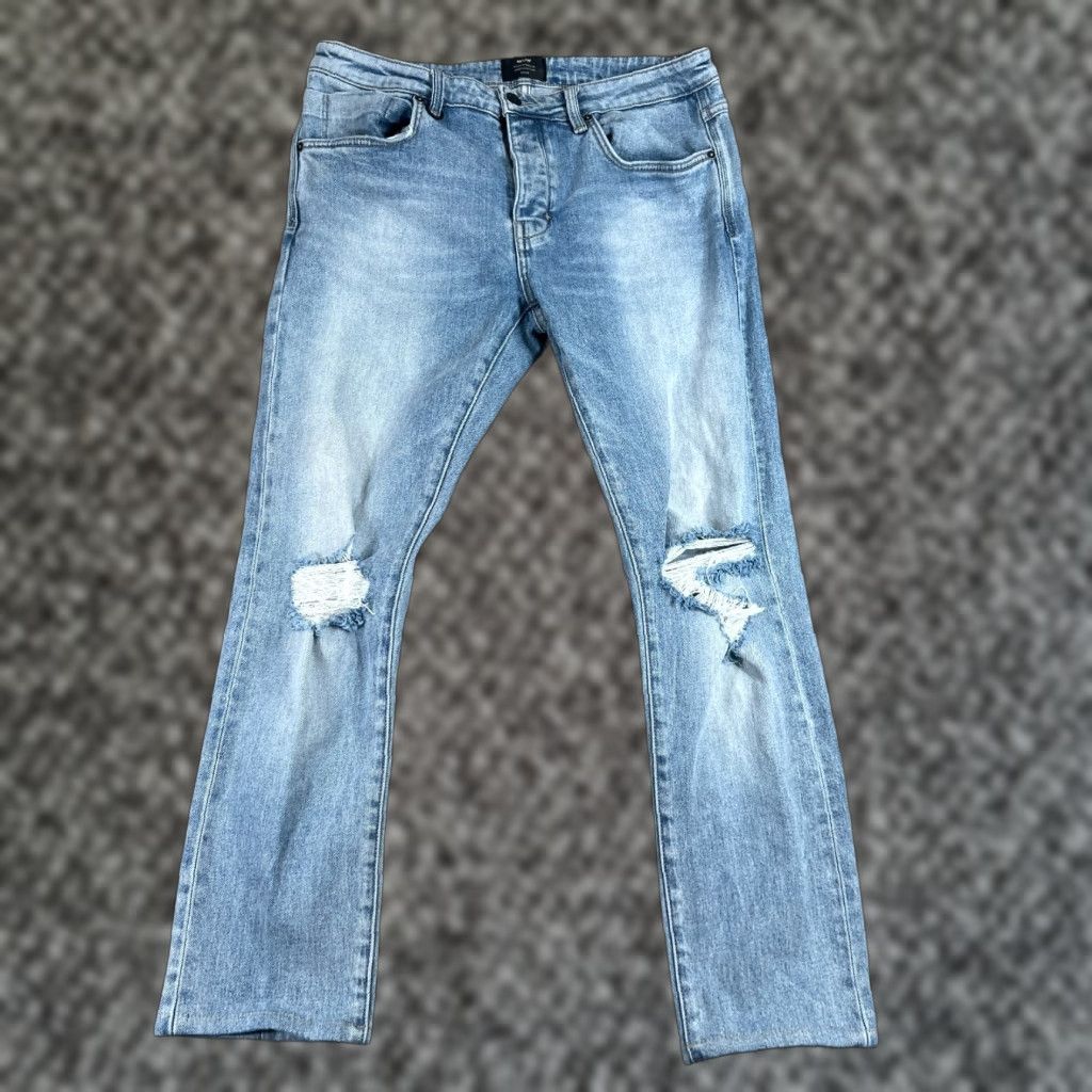 Vintage NEUW Jeans Mens 34 Slim Skinny Light Wash Distressed Hemmed Denim Blue Regular Inseam 28 Jeans Mens Size US 34 / EU 50 - 1 Thumbnail