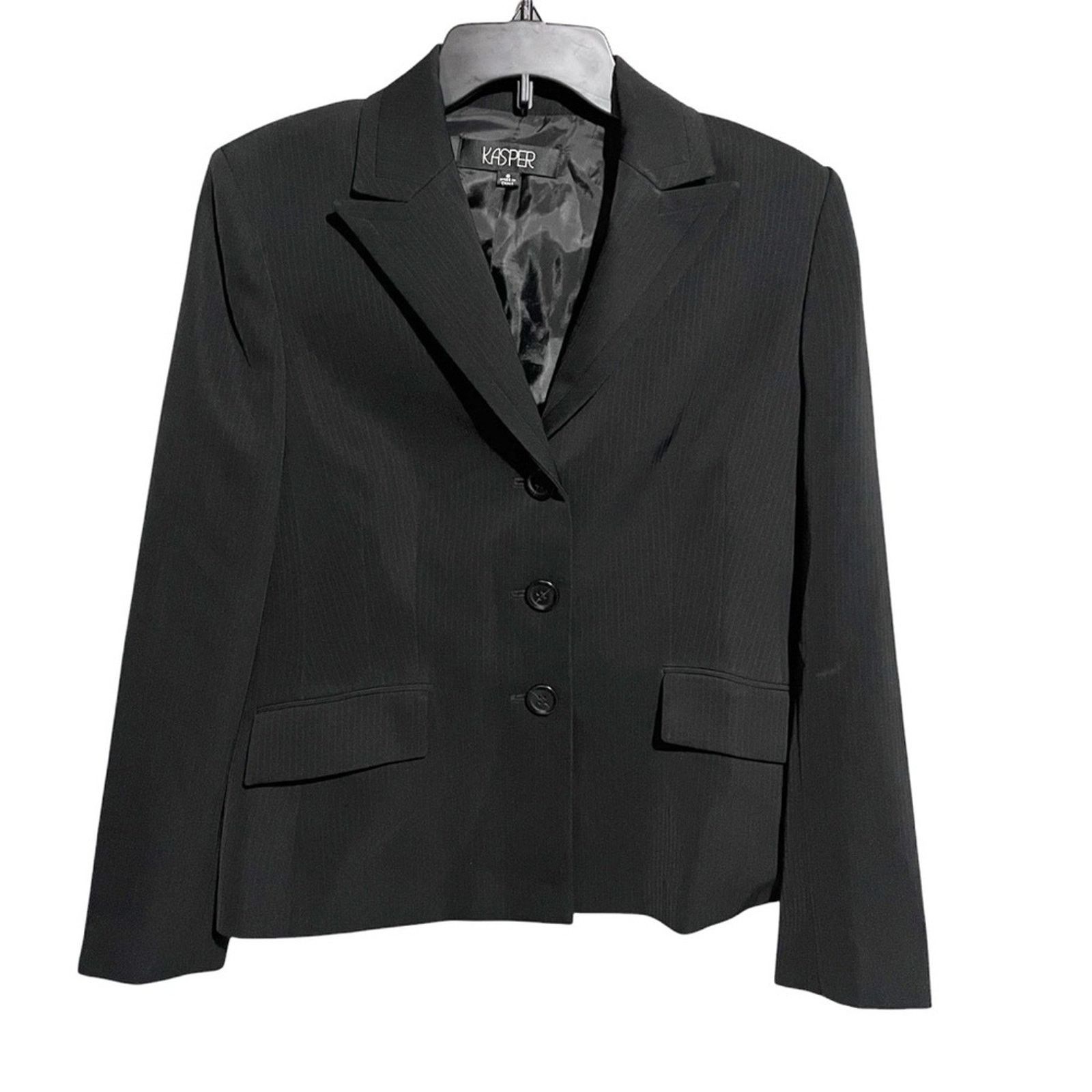 Kasper Kasper Suit Black Pinstripe Jacket 3 Button Straight Leg Size M / US 6-8 / IT 42-44 - 2 Thumbnail