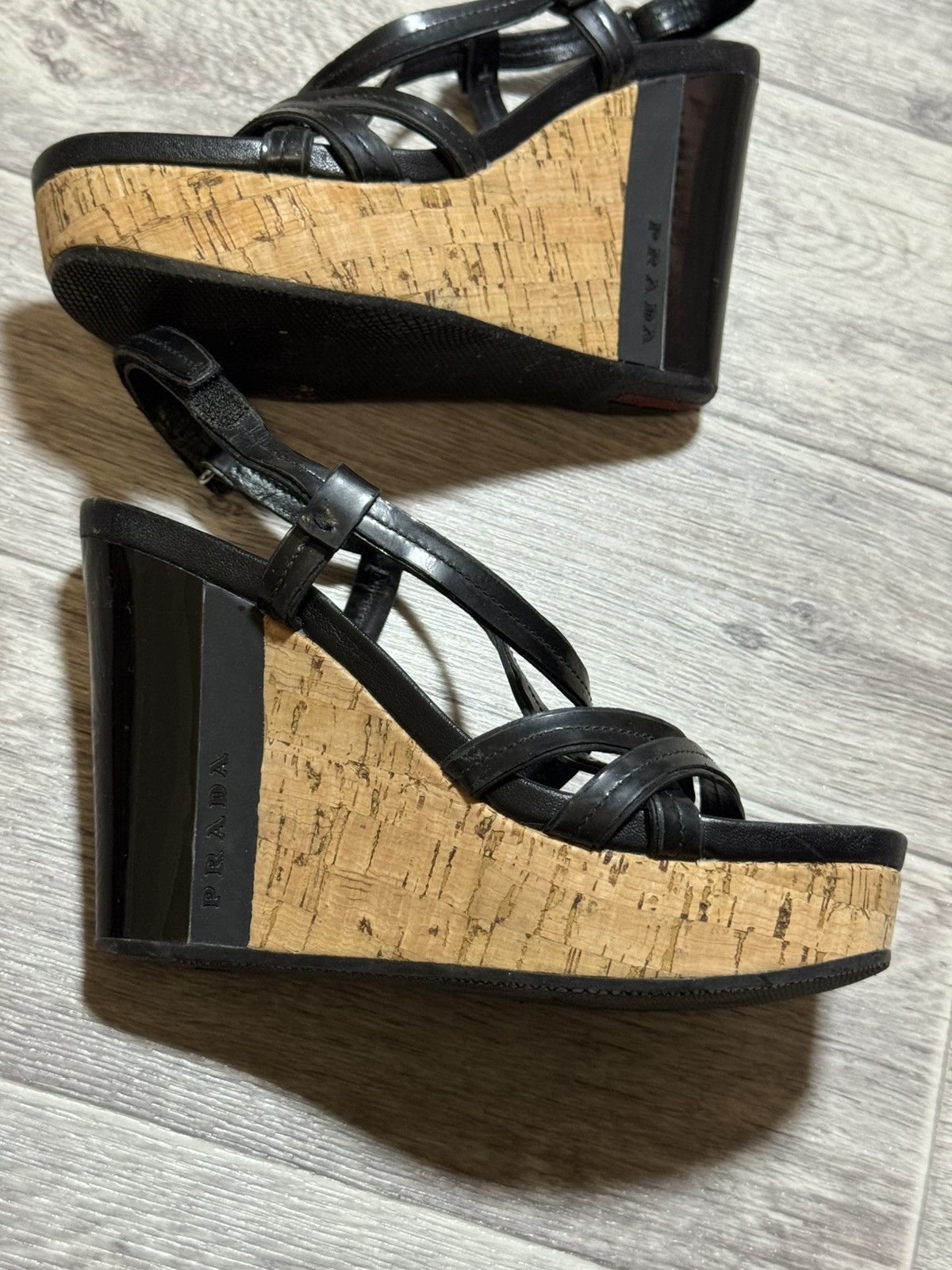 Prada Prada Sport Black Patent Leather/Cork Platform Wedge Sandals Size US 5 / IT 35 - 7 Thumbnail