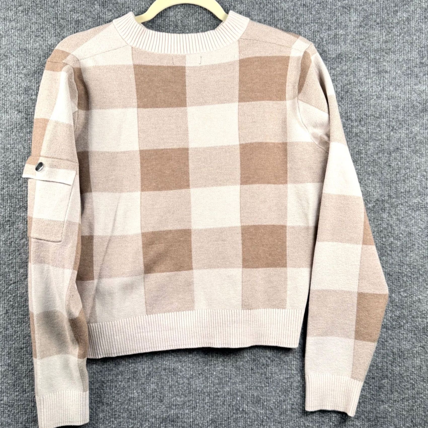 Cynthia Rowley Cynthia Rowley Knit Sweater Jacket Buffalo Plaid Zip-Up - Beige Tan Cream, Crew Neck, Full Zip, Pockets, Long Sleeve, Casual Workwear, M Womens Size M / US 6-8 / IT 42-44 - 2 Thumbnail