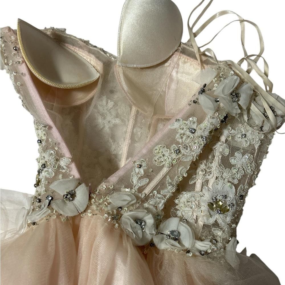 Designer Peach Beaded and Flower Appliqué Cocktail Dress Size M / US 6-8 / IT 42-44 - 4 Thumbnail