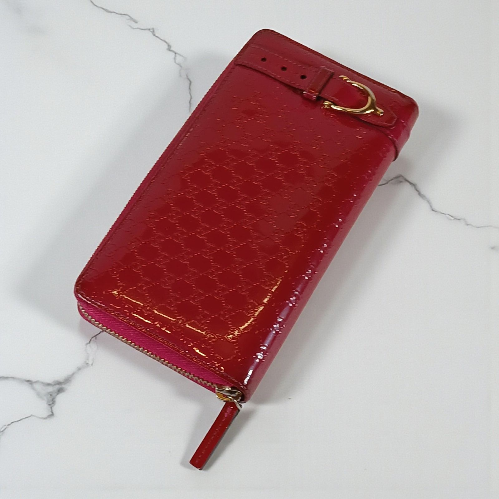 Gucci Gucci Shima GG Belted Zip Around Pink Enamel Leather Wallet Size ONE SIZE - 4 Thumbnail