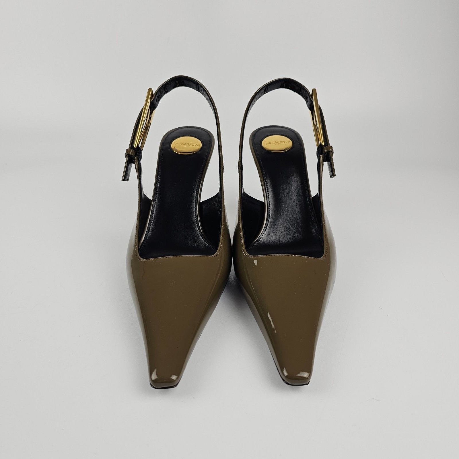 SAINT LAURENT Lee $1250 Kaki Patent Leather 75mm Slingback P