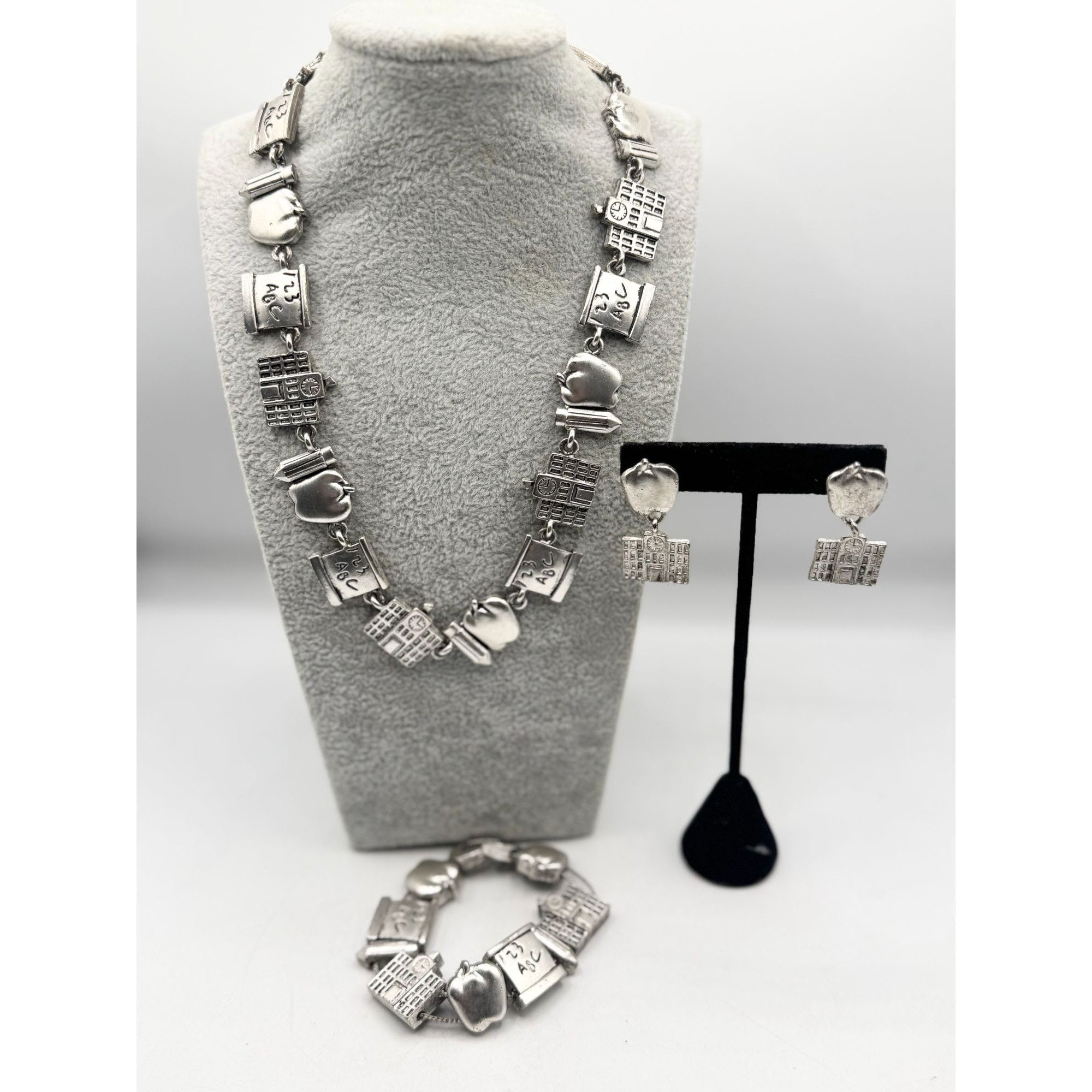 Vintage School teacher Apple Pencil silver charm necklace bracelet & Size ONE SIZE - 2 Thumbnail