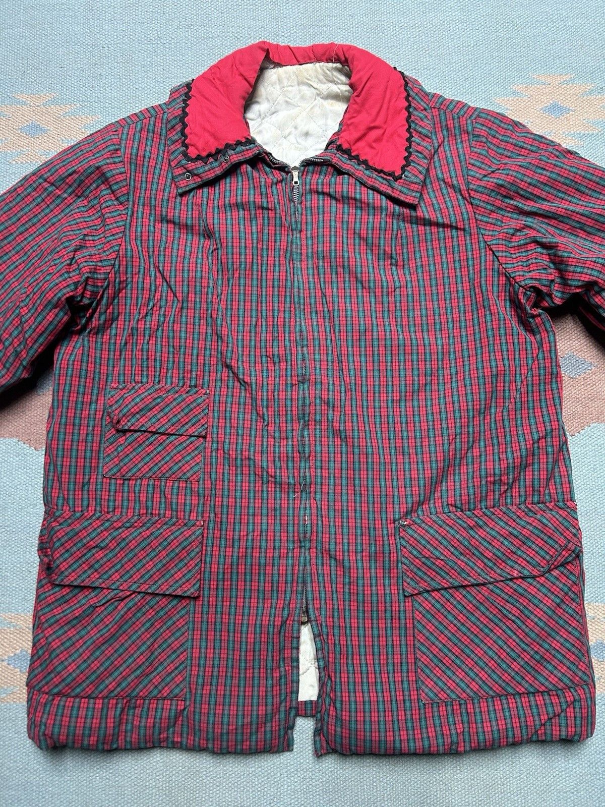 Vintage 50s quilt lined jacket crown zip 3 pocket cotton plaid S/M? Size US M / EU 48-50 / 2 - 2 Thumbnail