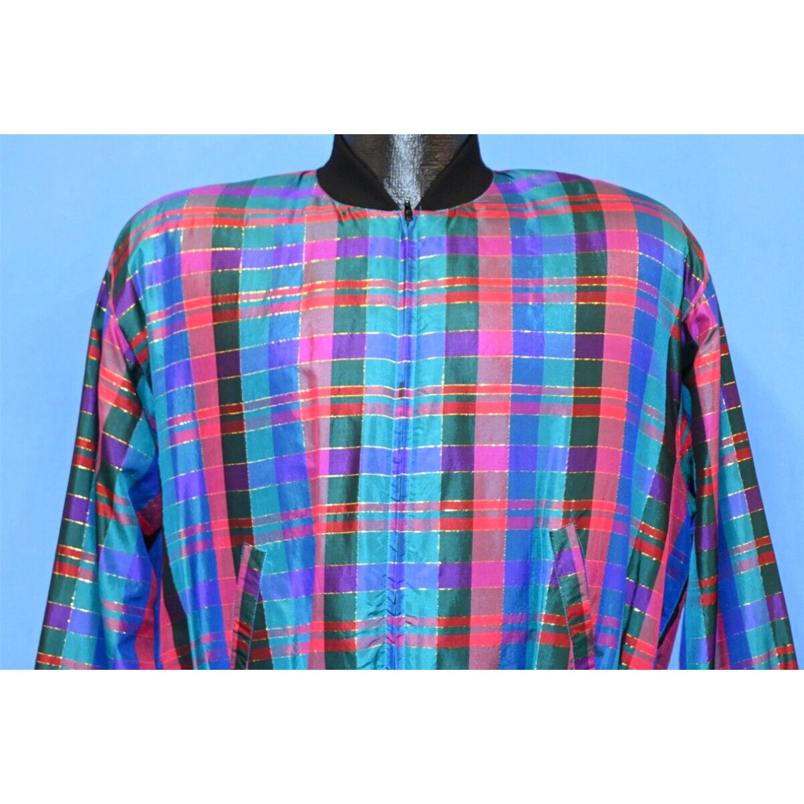 image of Vintage 90's Sunny Leigh Plaid Blue Tartan Metallic Silk Zip-Up Bomber Jacket S in White (Size Smal