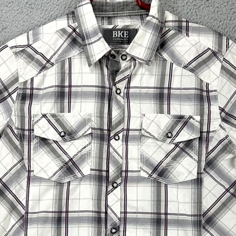 BKE BKE Shirt Mens Medium White Grey Plaid Cowboy Pearl Snap Standard Fit Size US M / EU 48-50 / 2 - 2 Thumbnail