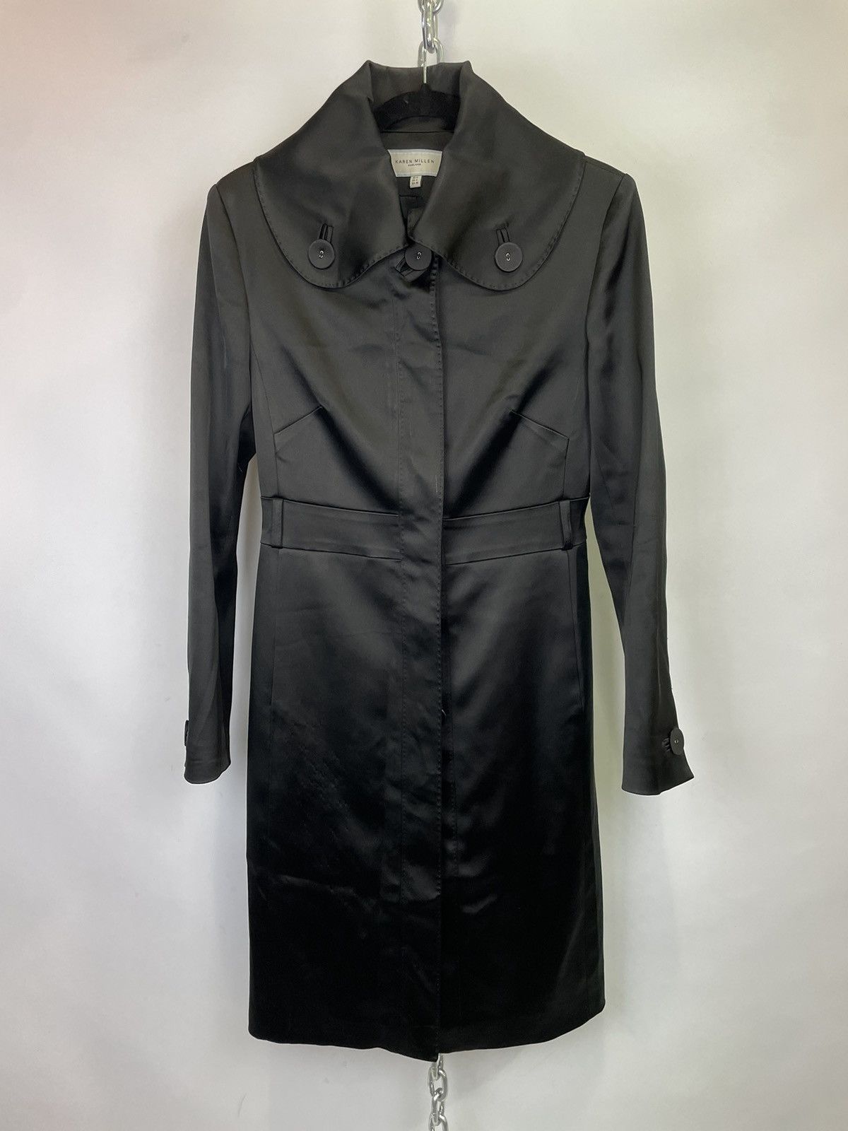 image of Karen Millen Satin Peter Pan Collar Satin Trench Coat Size 4 in Black, Women's