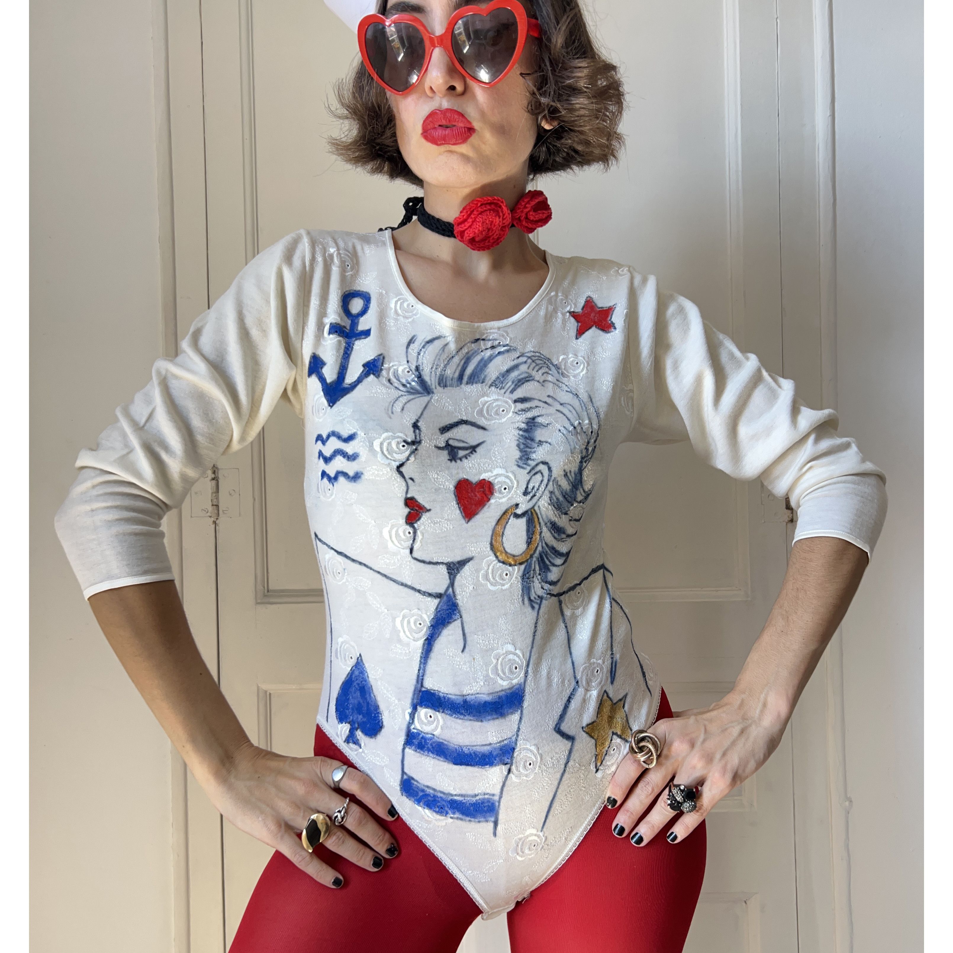 Custommade Hand Painted Nautical Style Vintage Italian Wool Bodysuit Size S / US 4 / IT 40 - 7 Thumbnail