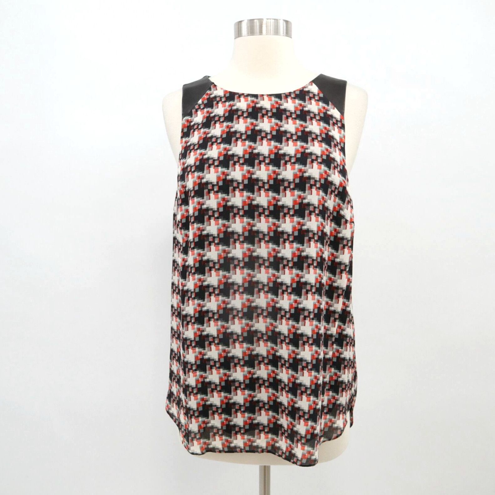 image of Rag Bone Rag & Bone Blouse Top Tank Silk Leather L Large Black White Red Houndstooth, Women's