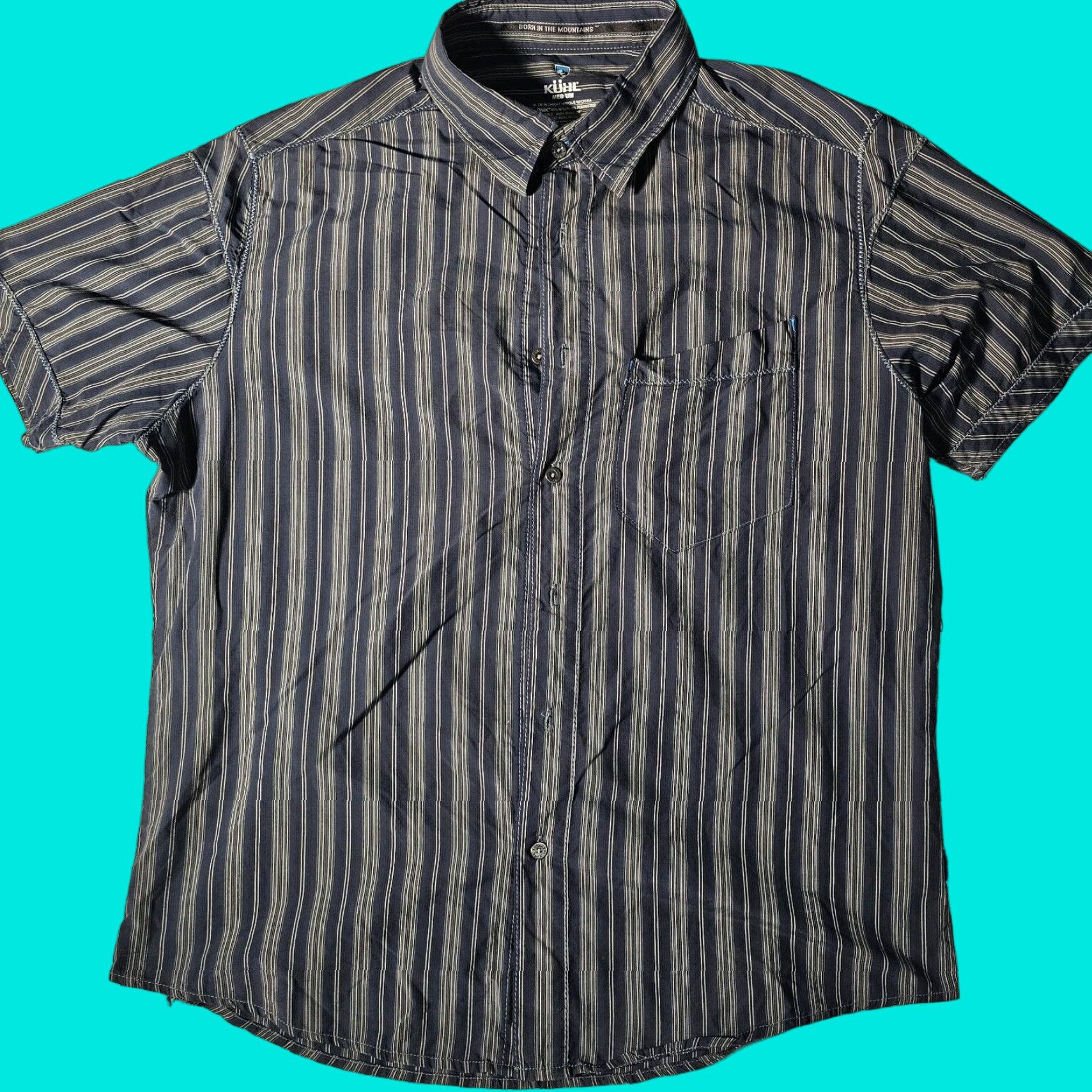 Vintage Kuhl Men's Medium Navy Stripe Nylon Hiking Shirt Button Up Short Sleeve Pocket Size US M / EU 48-50 / 2 - 1 Thumbnail