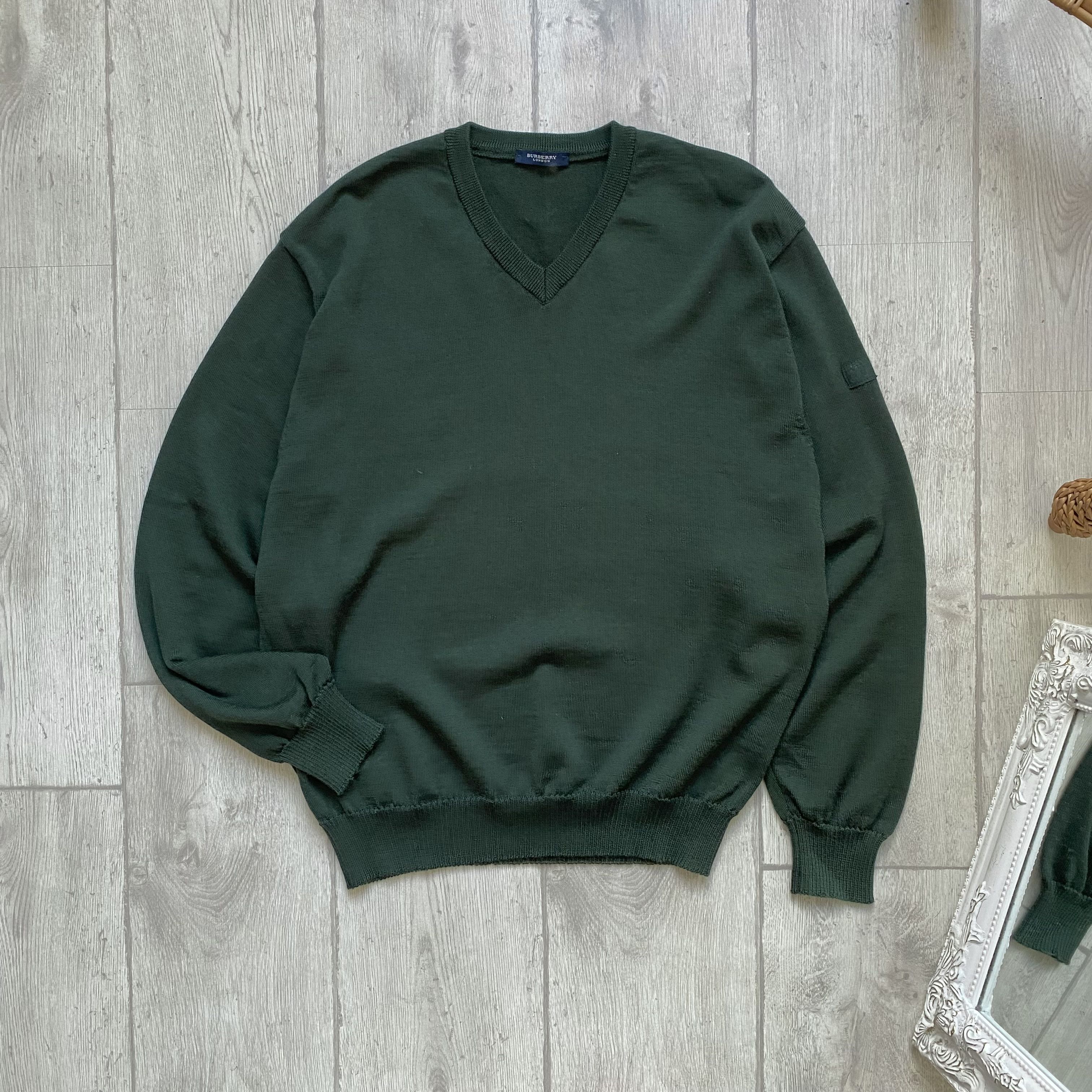 Burberry 🔥 Vintage 80s Burberry V-neck Wool Sweater Basic Mini Logo Size US L / EU 52-54 / 3 - 1 Thumbnail