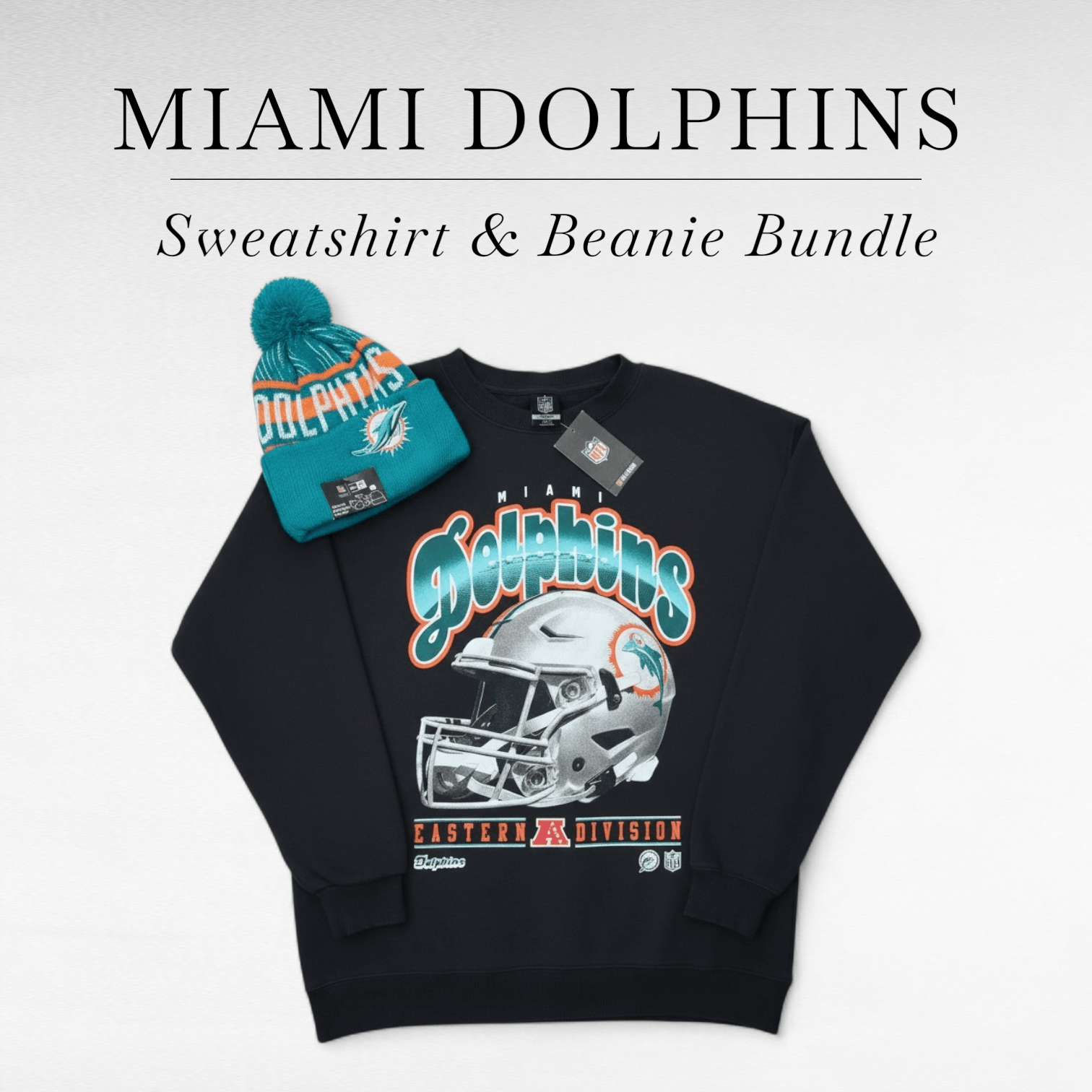 NFL NWT Miami Dolphins Bundle Crewneck Sweatshirt & Beanie MD Size US M / EU 48-50 / 2 - 1 Thumbnail