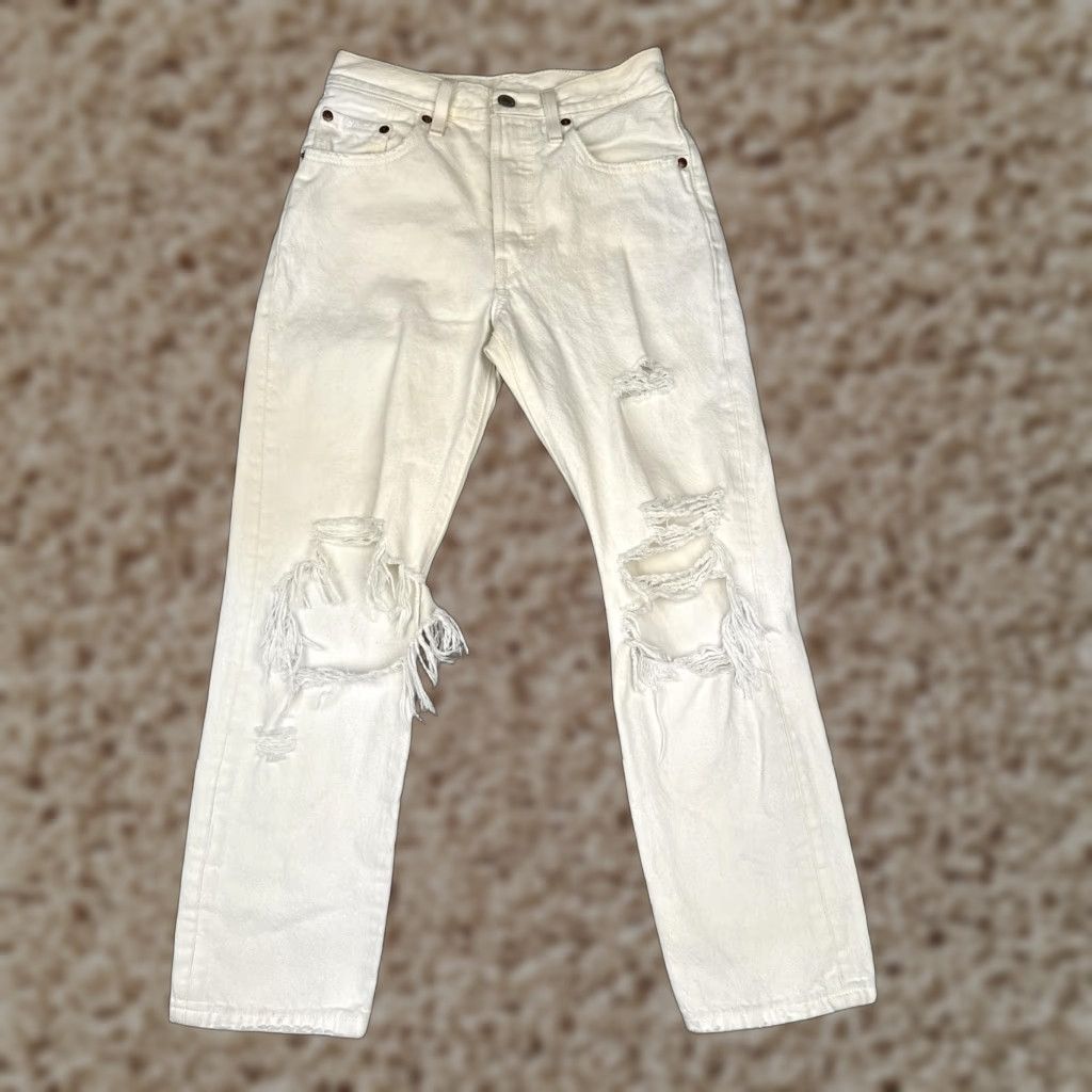Levi's Levi's 501 Jeans Womens White Distressed Button Fly High-Rise 24x26 Straight Size 42" / US 20 - 1 Thumbnail