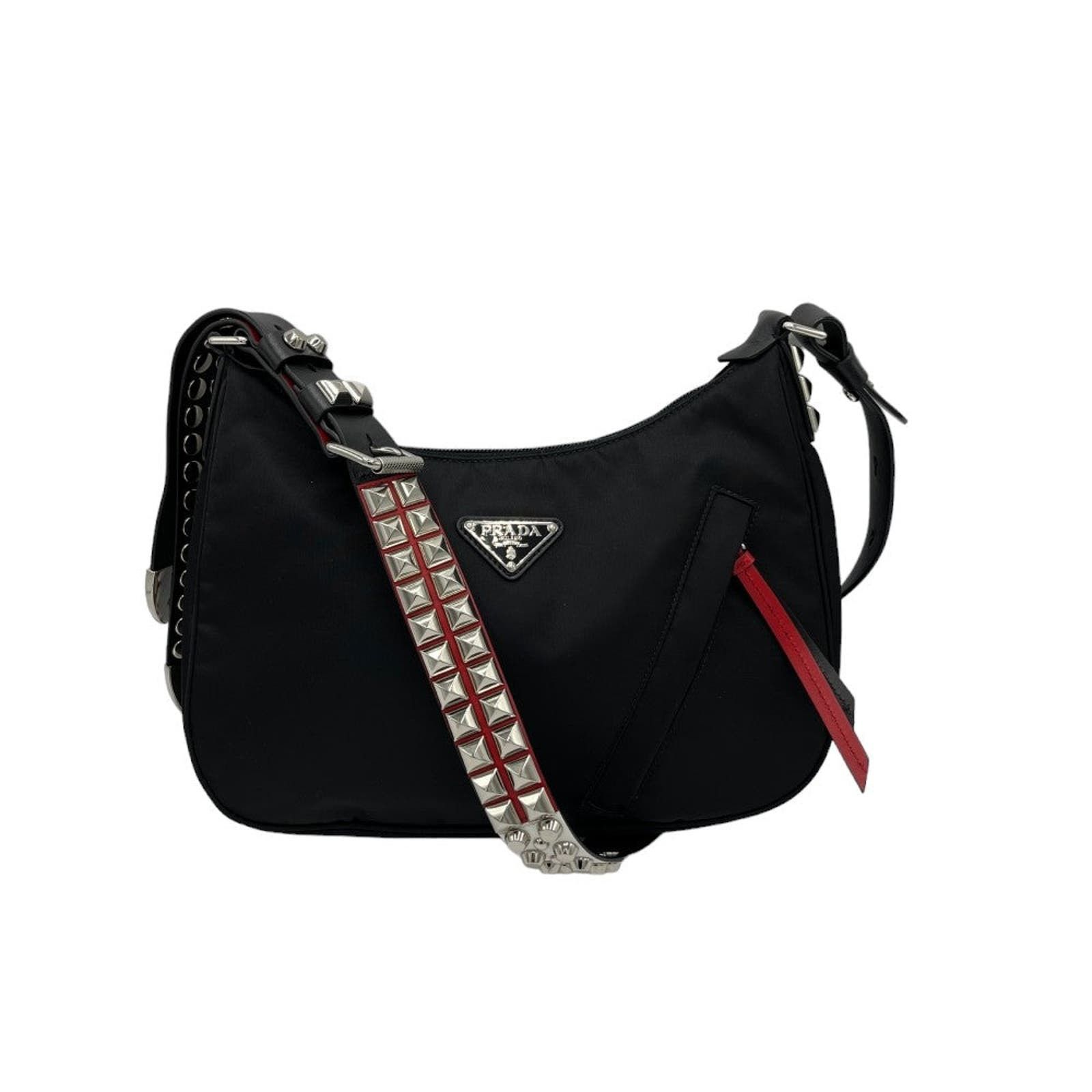 image of Prada Shoulder Bag / Handbag Studs & Black-Red Leather Strap, Women's
