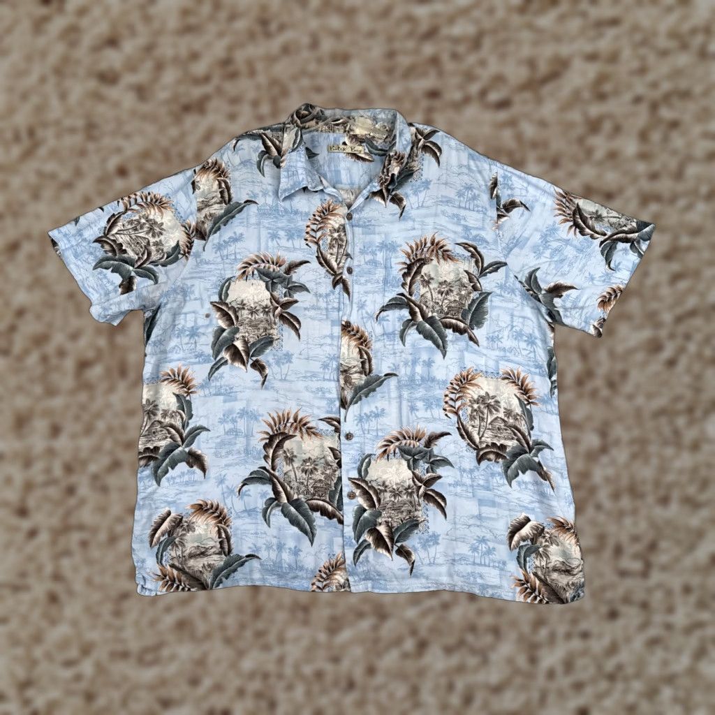 Vintage Batik Bay Shirt Adult 2XL XXL Blue Hut Palm Floral Leaf Hawaiian 100% Rayon Size US XXL / EU 58 / 5 - 1 Thumbnail