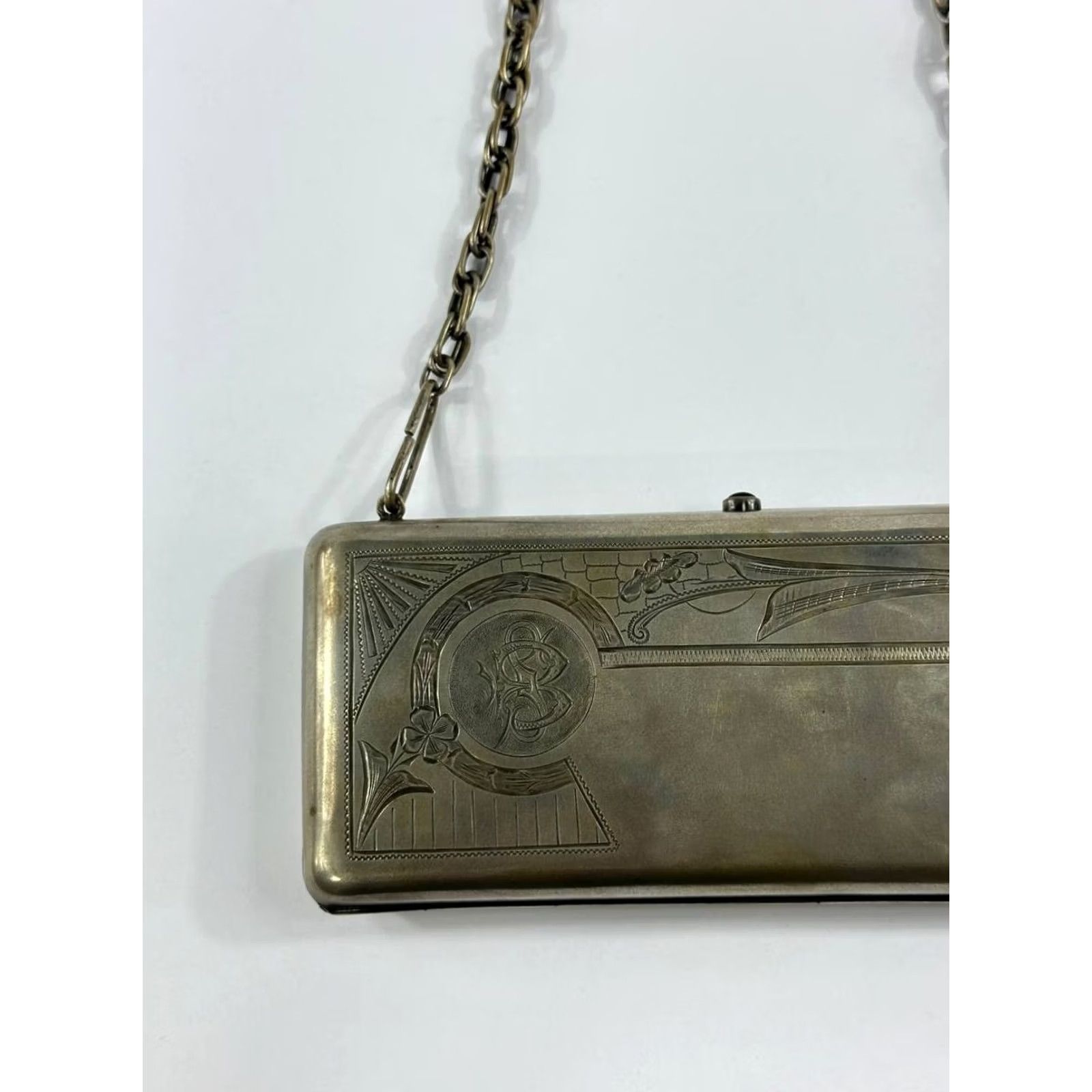 Vintage VINTAGE Antique 800 Silver Art Deco Evening Clutch Purse Etched Floral Design Chain Monogram 375g Silver Purse Womens Size ONE SIZE - 2 Thumbnail
