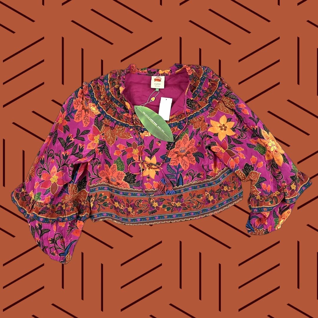 Farm Rio Farm Rio Blouse Womens Medium Floral Ruffled Long Sleeve V-Neck Casual Lightweight Multicolor Size M / US 6-8 / IT 42-44 - 1 Thumbnail