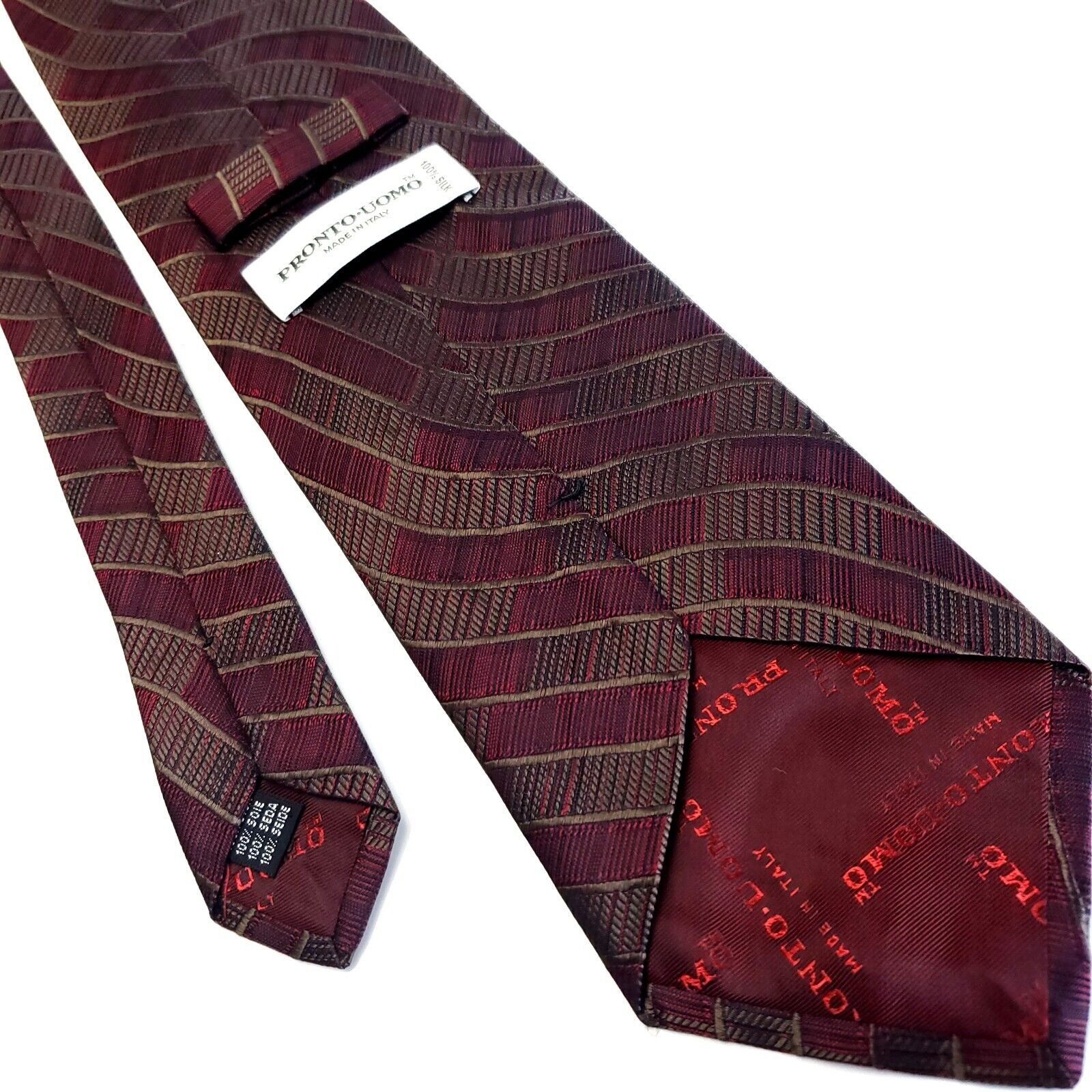 Pronto Uomo Pronto Uomo Red Silk Tie Woven Wide Striped Size ONE SIZE - 3 Thumbnail