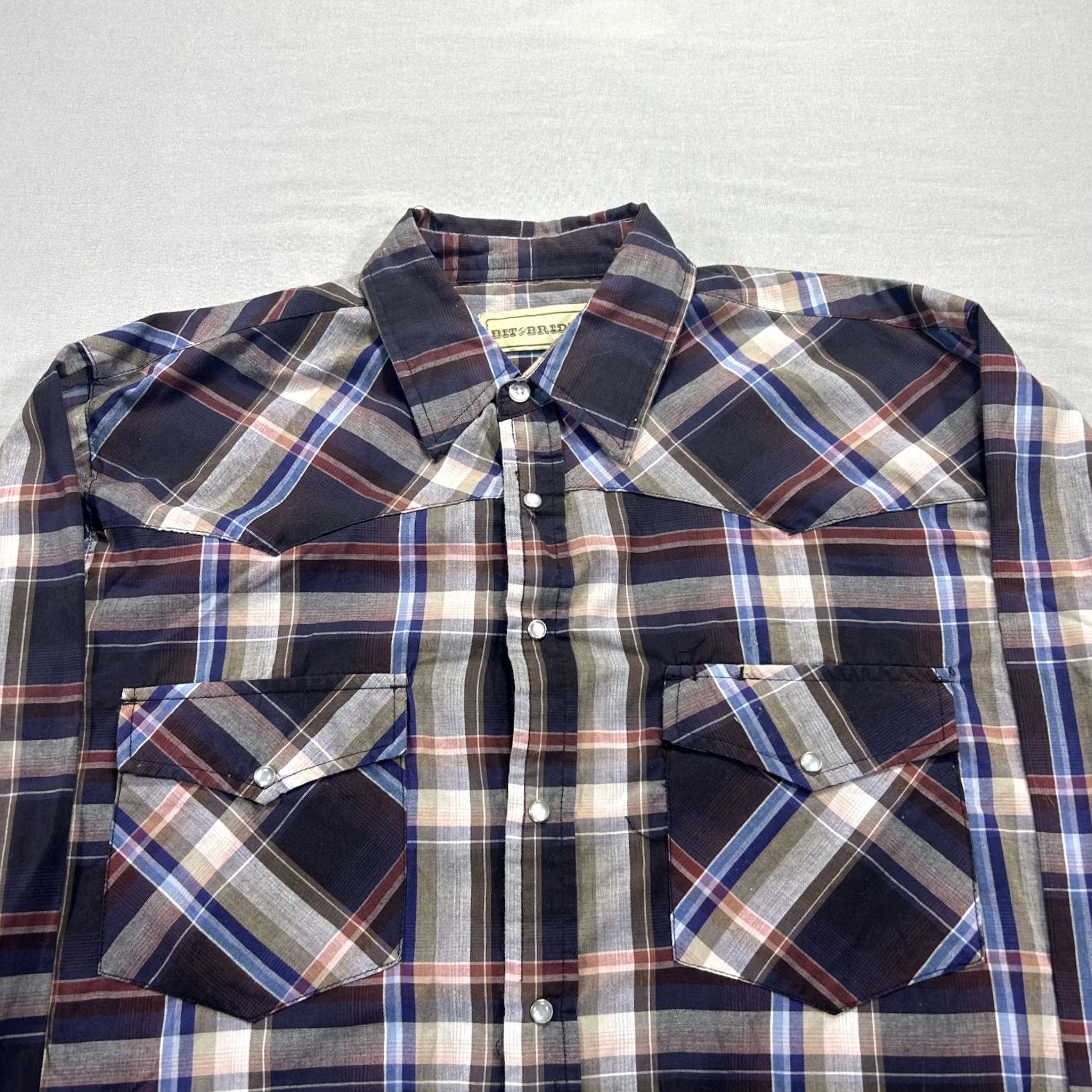 Vintage Bit & Bridle Shirt Mens Large Tall Blue Plaid Pearl Snap Western Cowboy Adult Size US L / EU 52-54 / 3 - 3 Thumbnail
