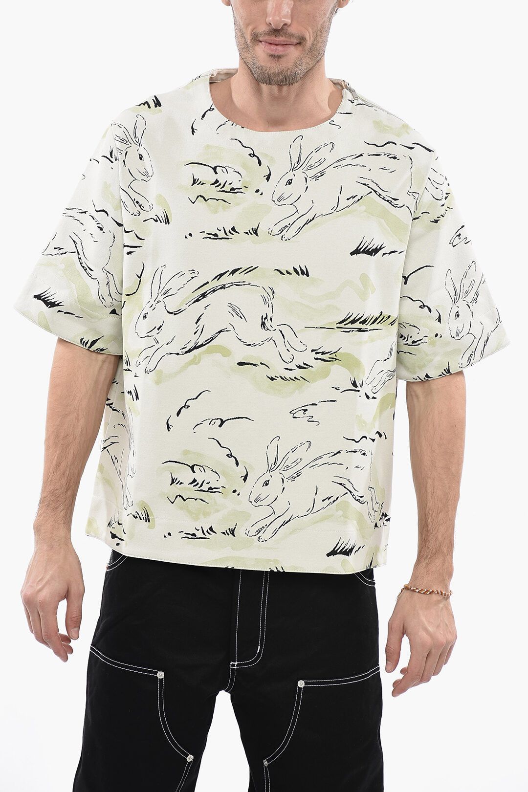 image of Jil Sander Og1Mm0424 Jacquard Jersey Rabbit T-Shirt In Green, Men's (Size Large)