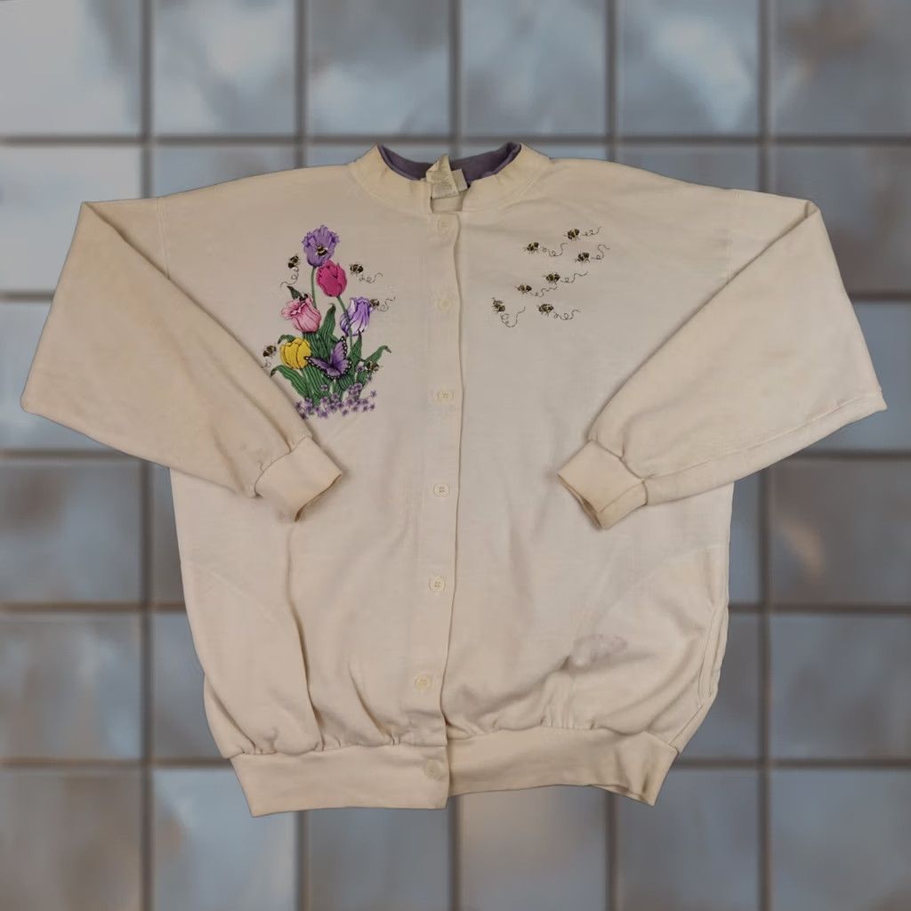Vintage VINTAGE Morning Sun Cardigan Sweater Womens Large White Bees Flowers Grandma USA Size L / US 10 / IT 46 - 1 Thumbnail