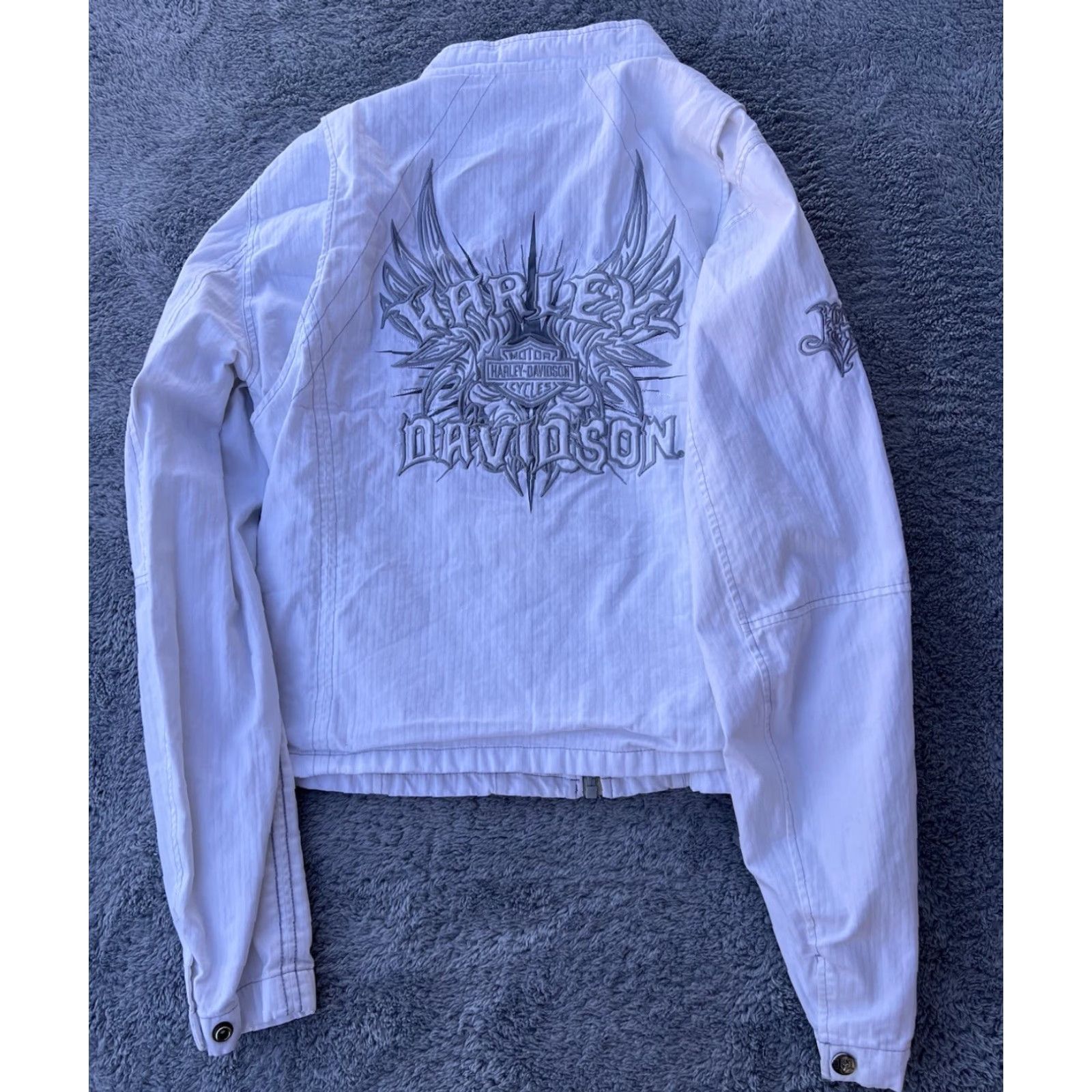 VINTAGE Harley-Davidson Jacket M Women White Cotton Polyester Lining Biker Logo Cropped Style HD Textured Logo