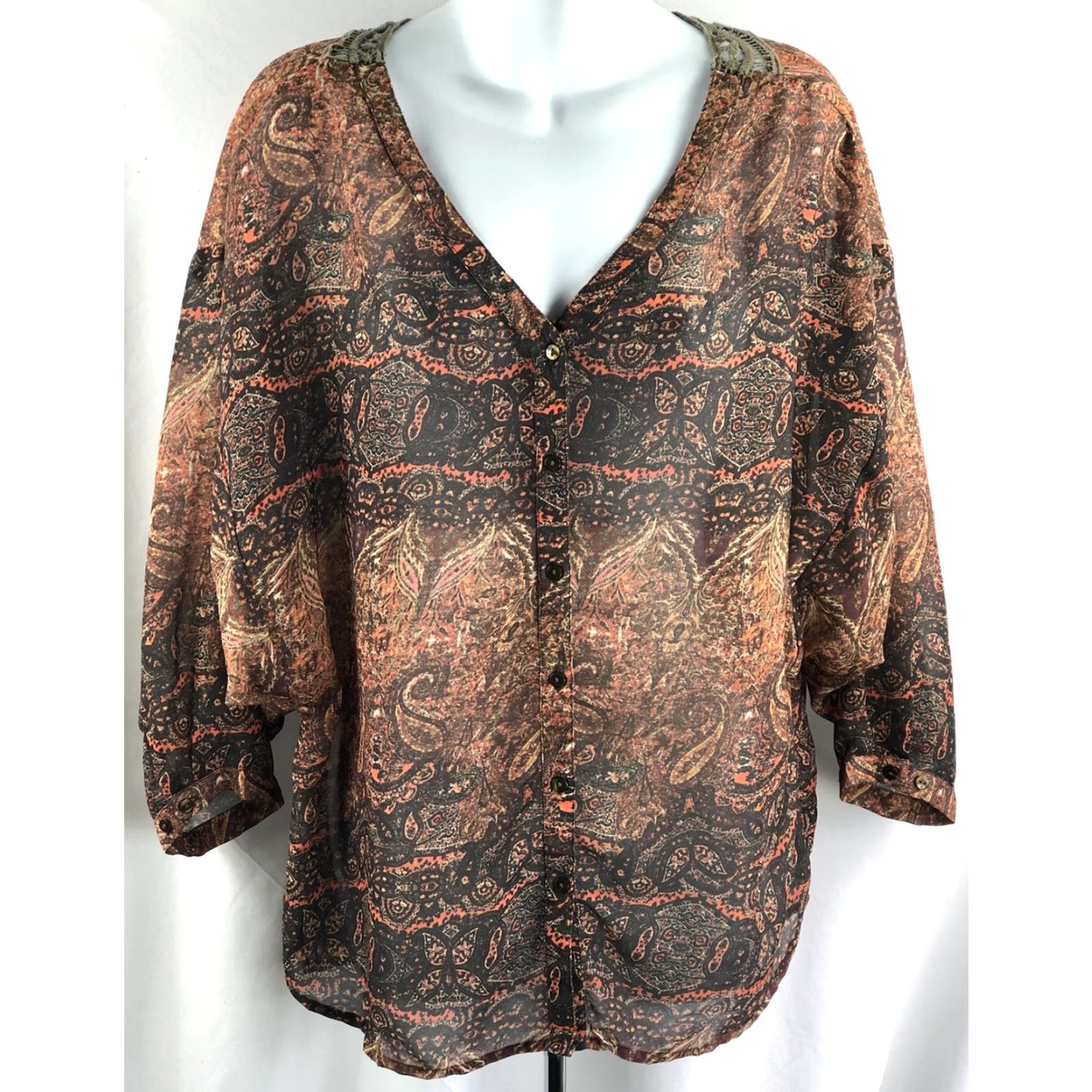 Etro VINTAGE Jeans by buffalo Blouse Brown Crochet Back Dolman Sleeve BoHo Fairy Grunge Semi Sheer Top M1940s? Size M / US 6-8 / IT 42-44 - 2 Thumbnail