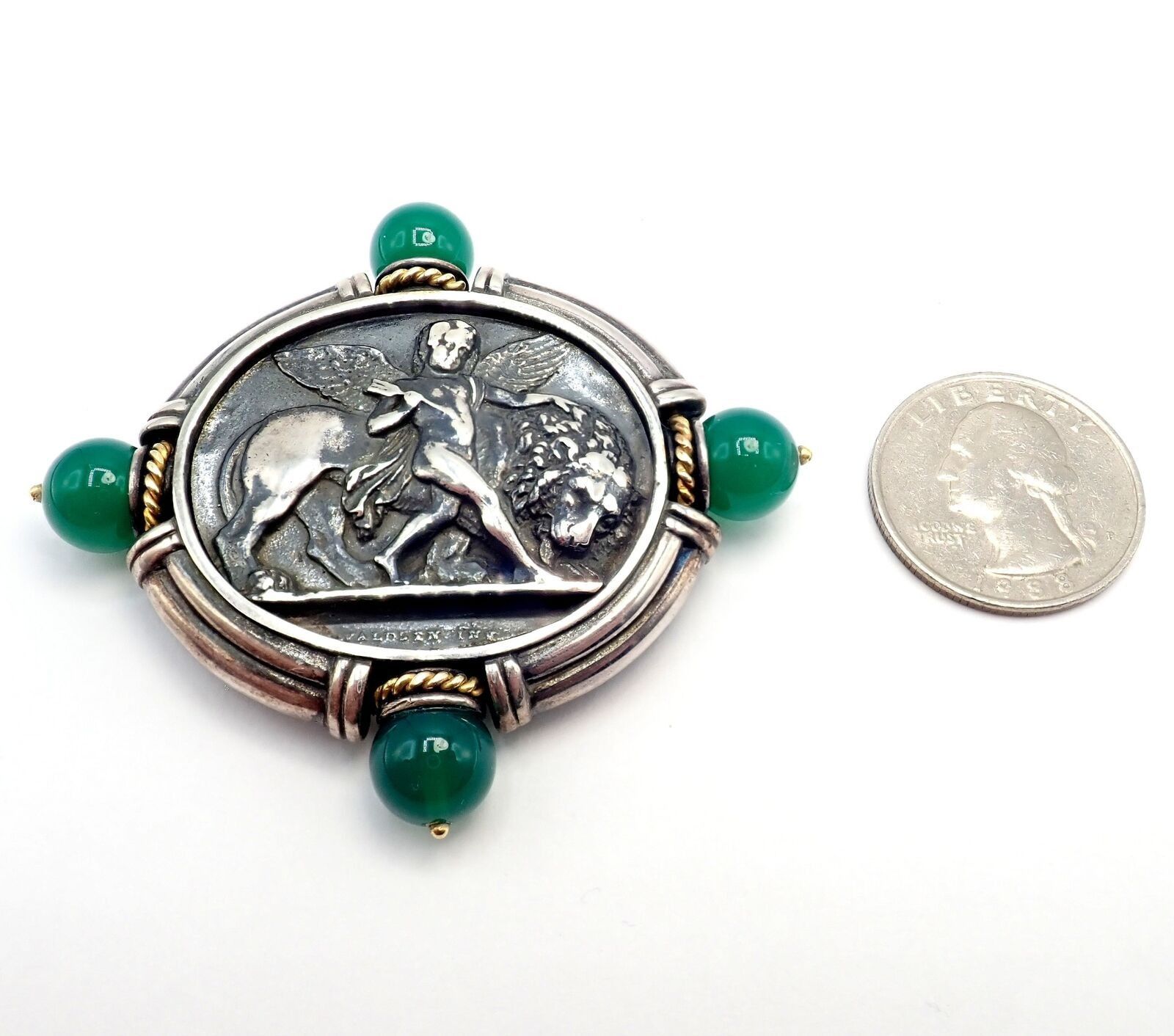 Vintage 18k Yellow Gold Silver Large Medallion Chrysoprase Brooch Size ONE SIZE - 3 Thumbnail