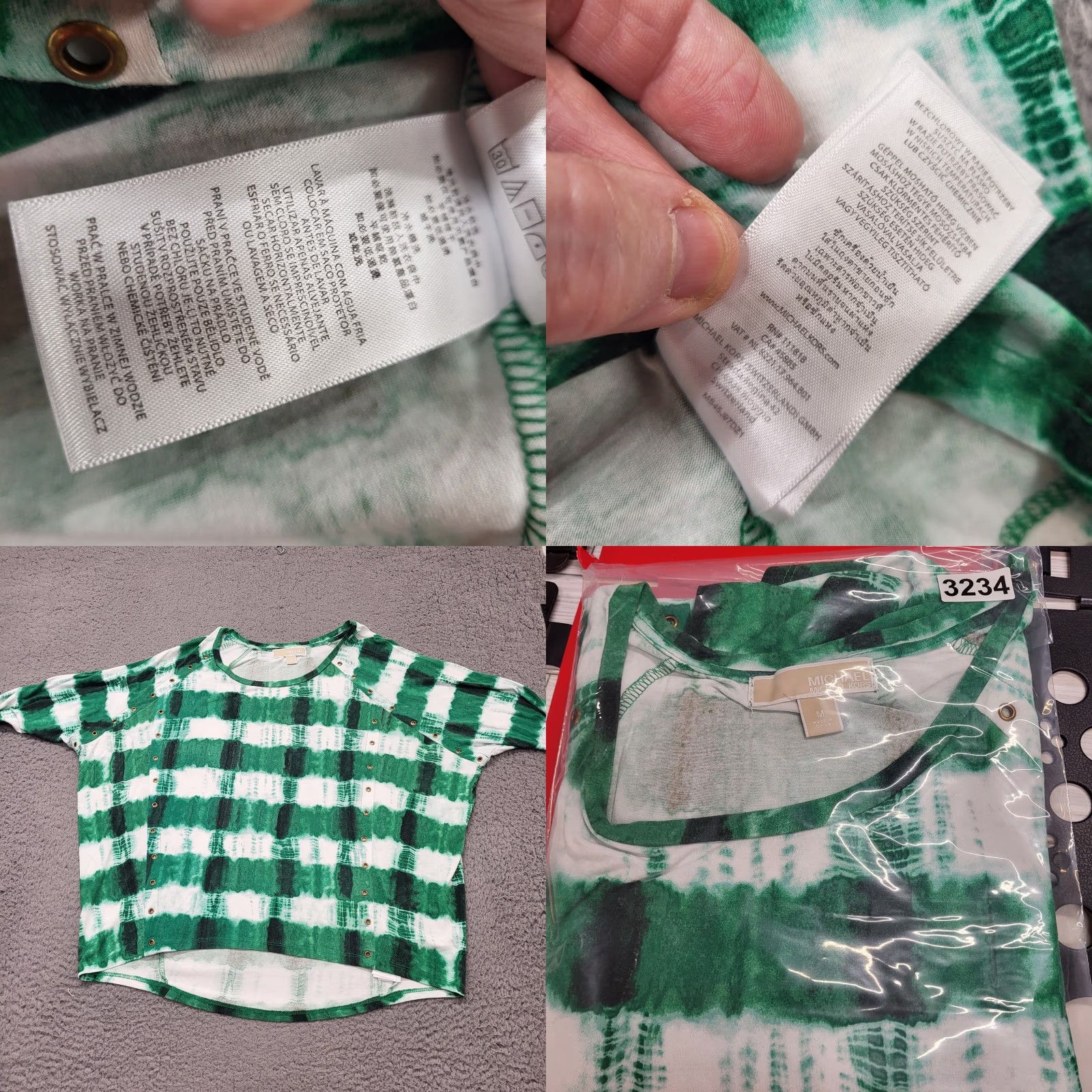Michael Kors Michael Kors Blouse Women's Size M Knit Top 3/4 Sleeve Hi Low Tie-Dye Green Multi-Color Geometric Pattern Size M / US 6-8 / IT 42-44 - 10 Thumbnail